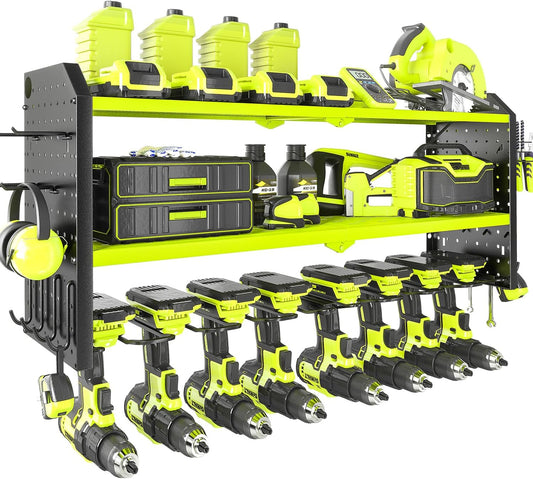 KAFAHOM Power Tool Organizer, Large 8 Drill Holder Wall Mount with 2 Side Pegboards, Heavy Duty Metal Tool Shelf with 12 Hooks, Storage Rack for Garage Organization, Battery Shelves - Green