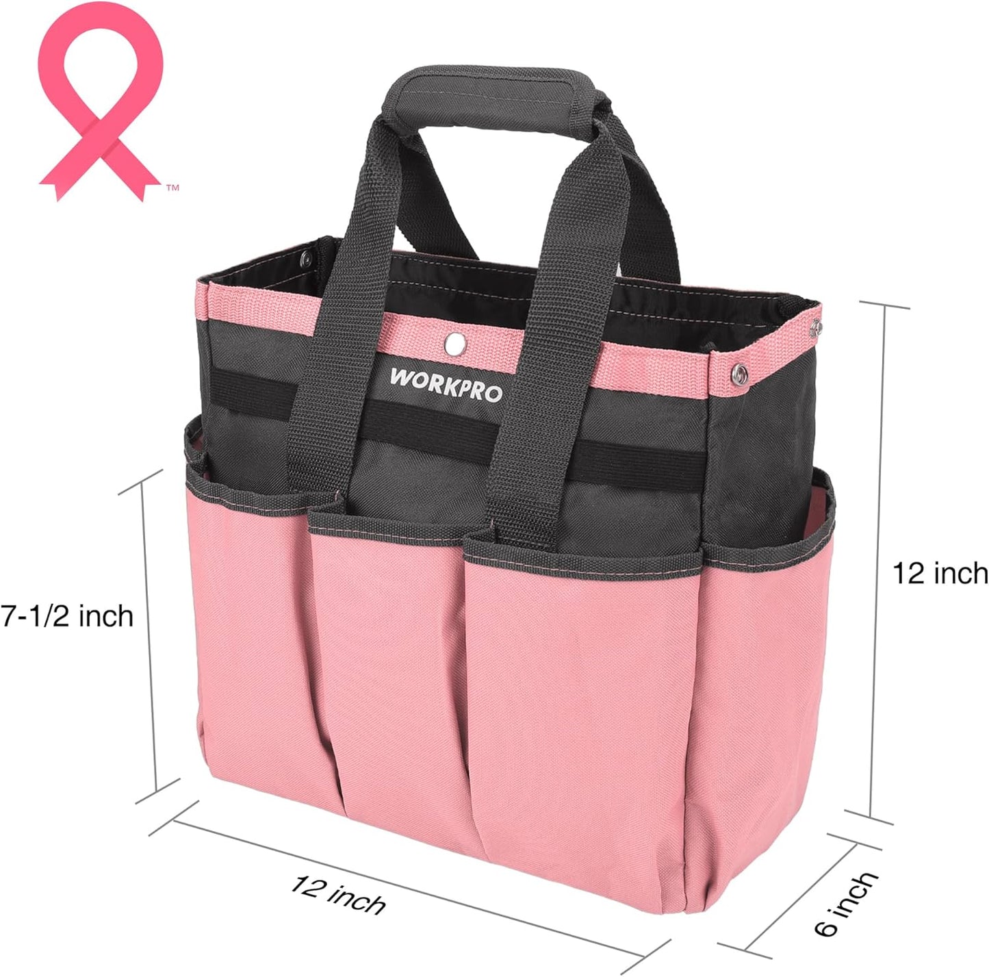 WORKPRO Garden Bag, Garden Tool Tote Storage Bag with 8 Pockets, Home Organizer for Outdoor Gardening Caddy, Garden Tool Kit Holder (Tools NOT Included), Pink Ribbon, Garden Gifts