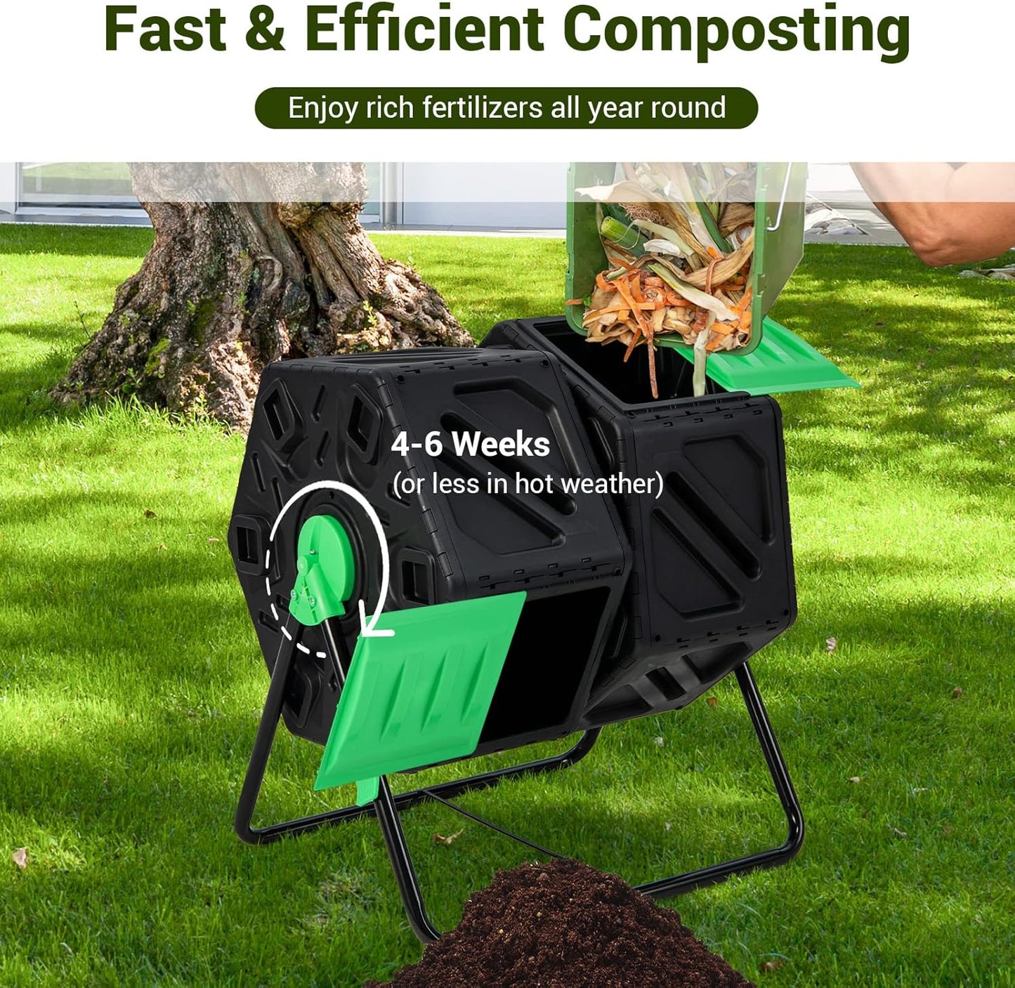 Goplus Compost Bin, Dual Chamber 34.5 Gal Compost Tumbler with 2 Rotating Chambers, Sliding Doors, High-Volume Outdoor Garden Composter, Rotating Composting Bin for Garden Yard, BPA Free