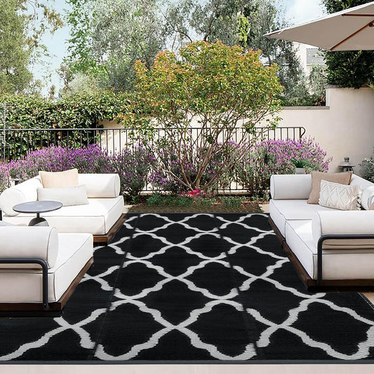 OutdoorLines Outdoor Plastic Area Rugs for Patio 6x9 ft - Reversible Outside Carpet, Stain & UV Resistant RV Mats, Straw Rug for Camping, Deck Garden, Porch and Balcony, Moroccan Black & Light Grey