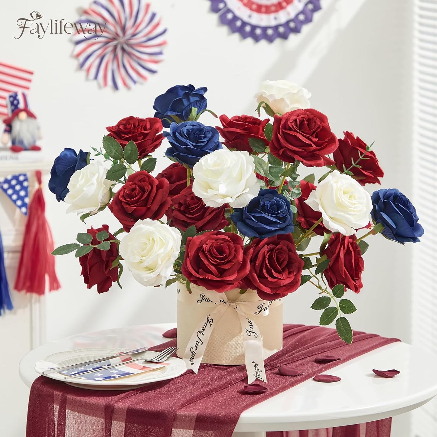 20PCS Artificial Dark Red Roses, 3.9'' Silk Flower Head Fake Red Rose with Long Stems, Realistic Faux Roses Bouquet for Mother's Day DIY Wedding Home Party Office Decoration