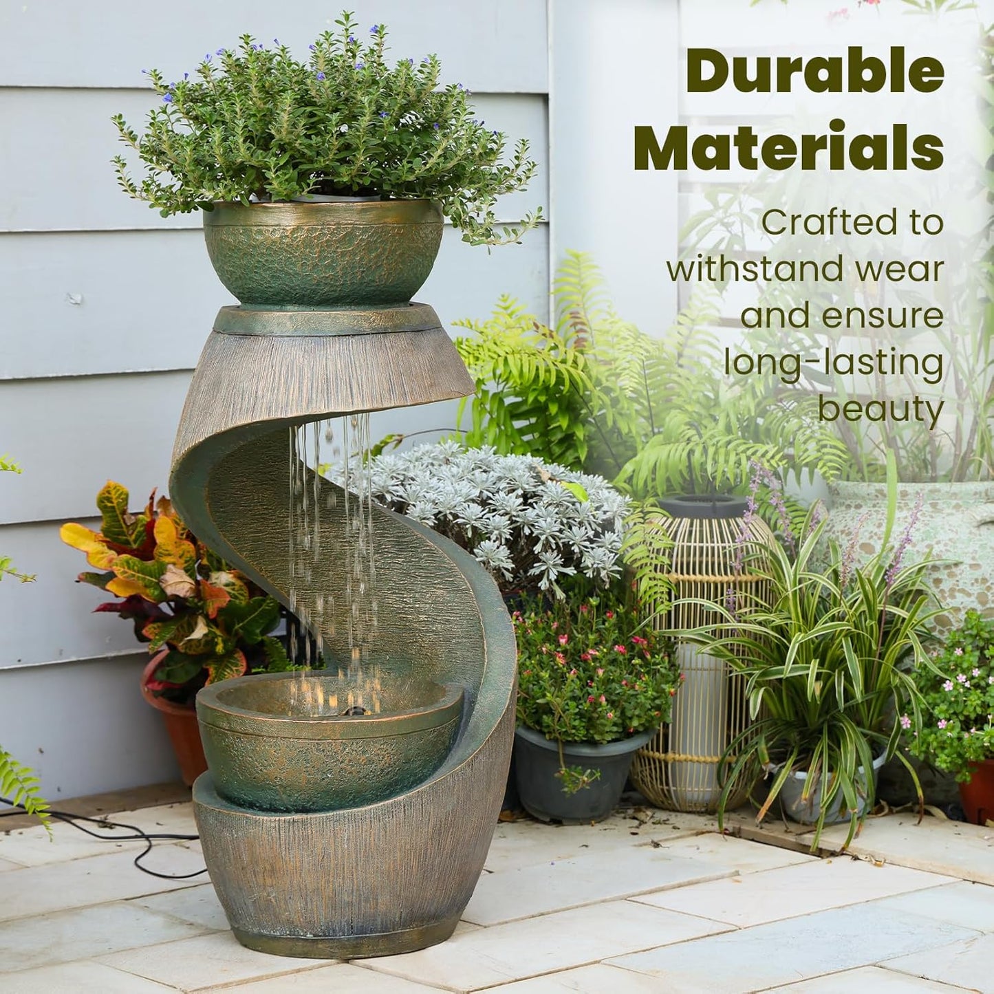 31.9" S-Shaped Water Outdoor Fountain–Modern Cascading Waterfall Feature with LED Lights & Planter Bowl, Garden Fountains Outdoor for Patio, Balcony, Yard or Home Decor, Resin Waterfall, Gold