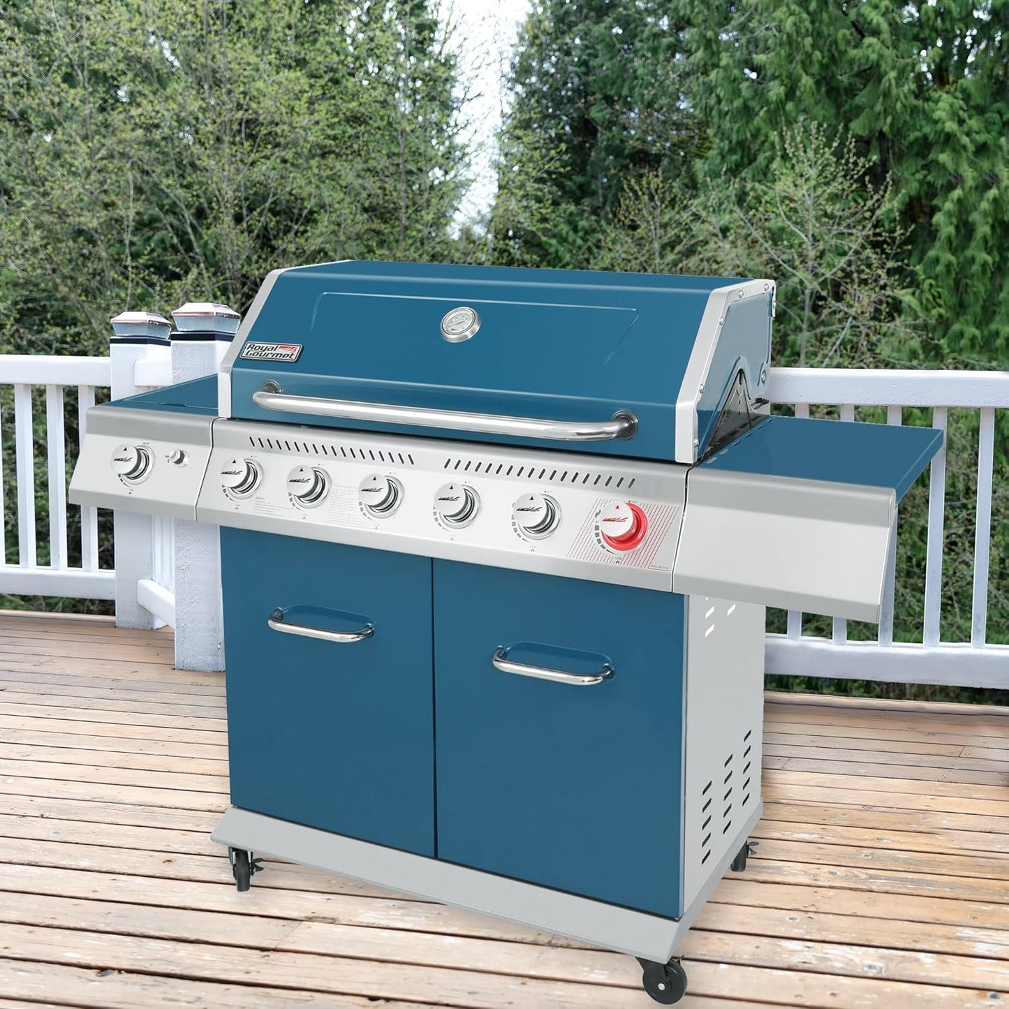 Royal Gourmet GA6402B 6 Burner Propane Gas Grill with Side Burner and Warming Rack, 74,000 BTUs, Cabinet Style Gas BBQ Grill for Barbecue Grilling & Backyard Cooking, Blue