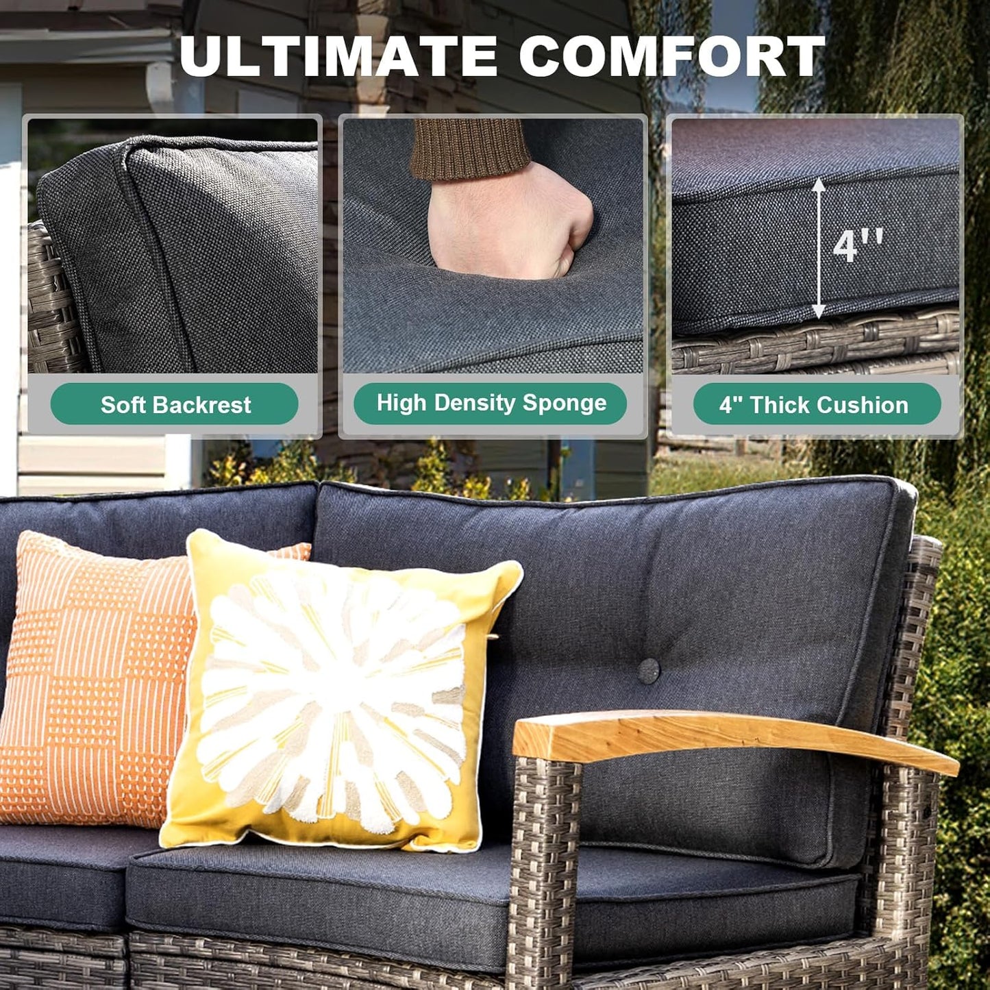 11 Piece Outdoor Patio Furniture Set, Half-Moon Curved Sectional Sofa Rattan Conversation Set with Wood Armrests, Coffee Table & 2 Side Table（Grey）