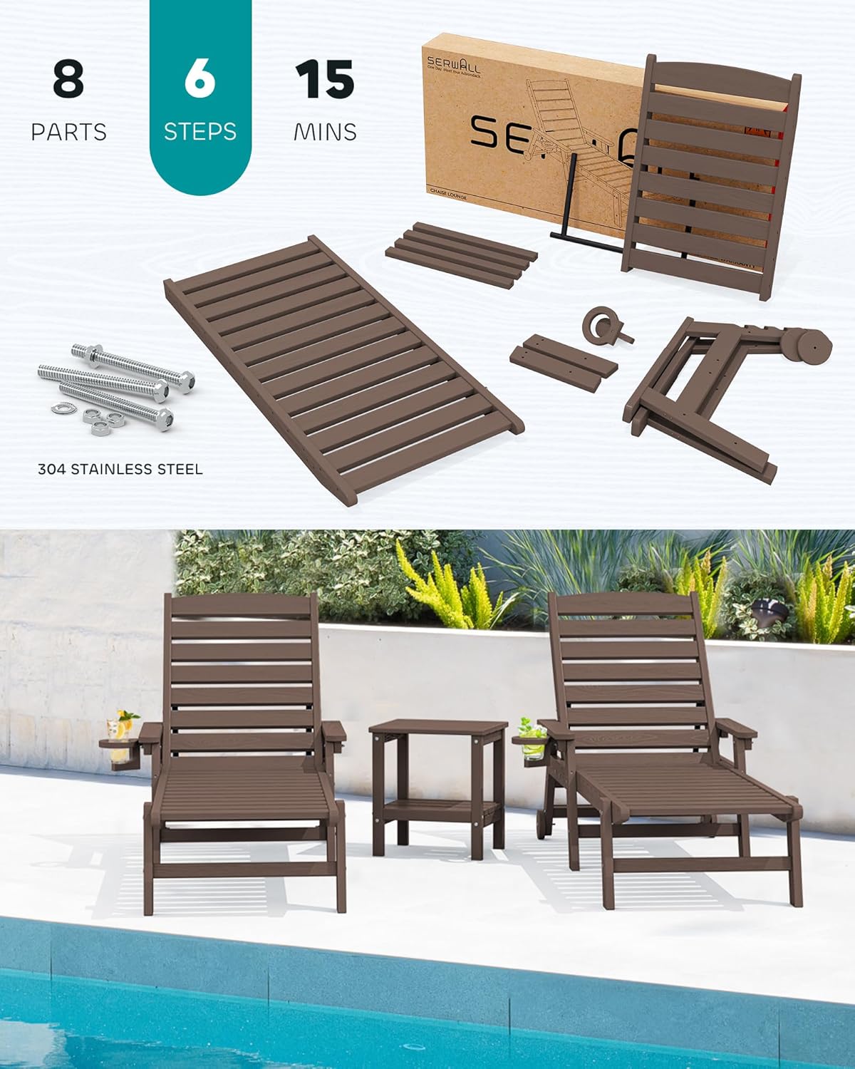 SERWALL Patio Chaise Lounge Chair, 78'' Long HDPE 5 Positions Adjustable Outdoor Lounger, Poly Lounge Chair with Rolling Wheels & Cup Holder for Pool, Coffee Brown