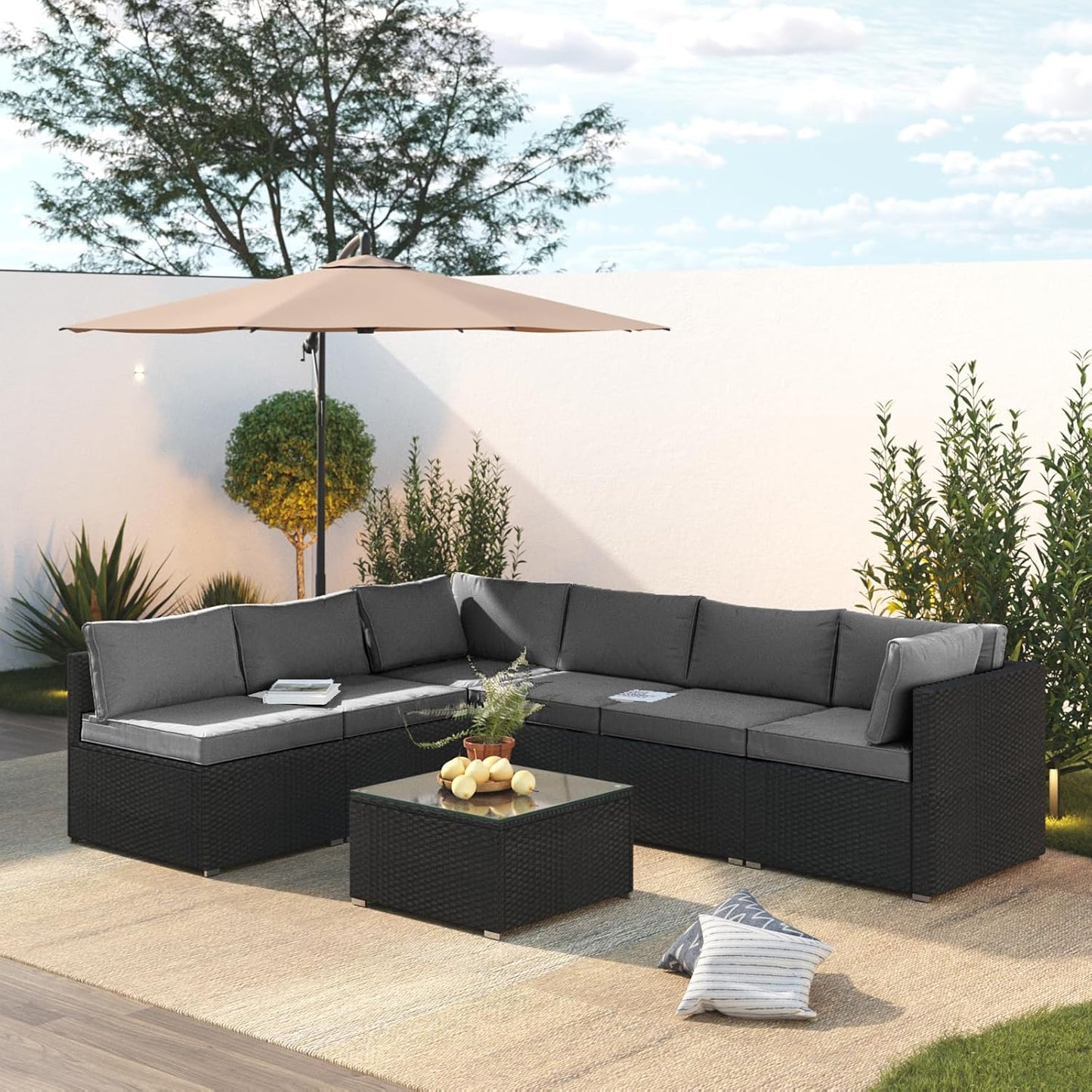 7 Piece Patio Furniture Set, Outdoor Couch Set—All-Weather Outdoor Furniture Sectional w Water Resistant ThickCushions, Patio Sofa Set w 2 Extra Pillows and Coffee Table, Deep Gray/Black