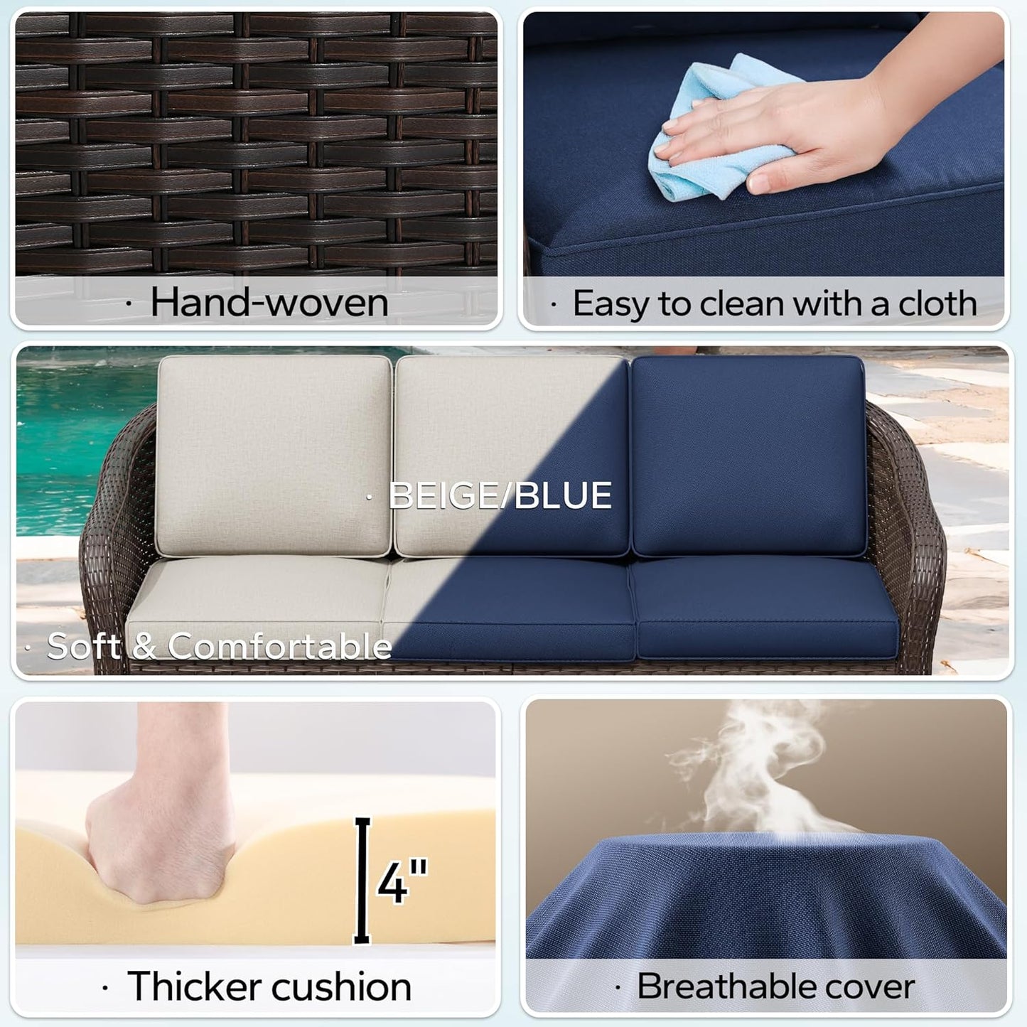 4 Pieces Patio Outdoor Conversation Furniture Set, 78" 3-Seat Couch, 2 Chairs, 47" Metal Coffee Table, Rattan Wicker Sofa with Washable Cushions for Garden, Deck (Navy Blue)