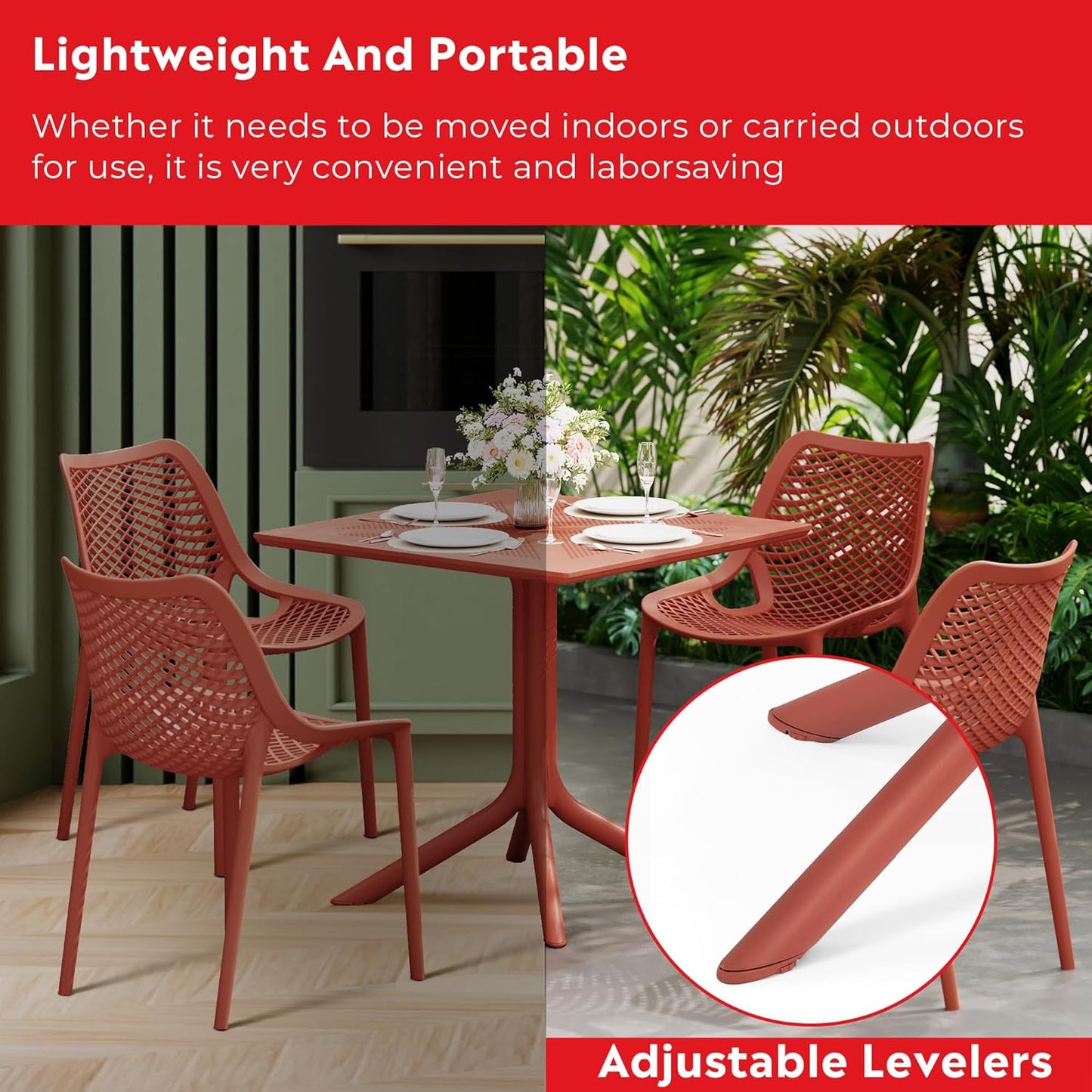 Breakfast Table Set for 4, HDPE Patio Square Dining Table and Stackable Chairs, Outdoor Small Patio Furniture Set All Weather for Backyard Porch Poolside, Red