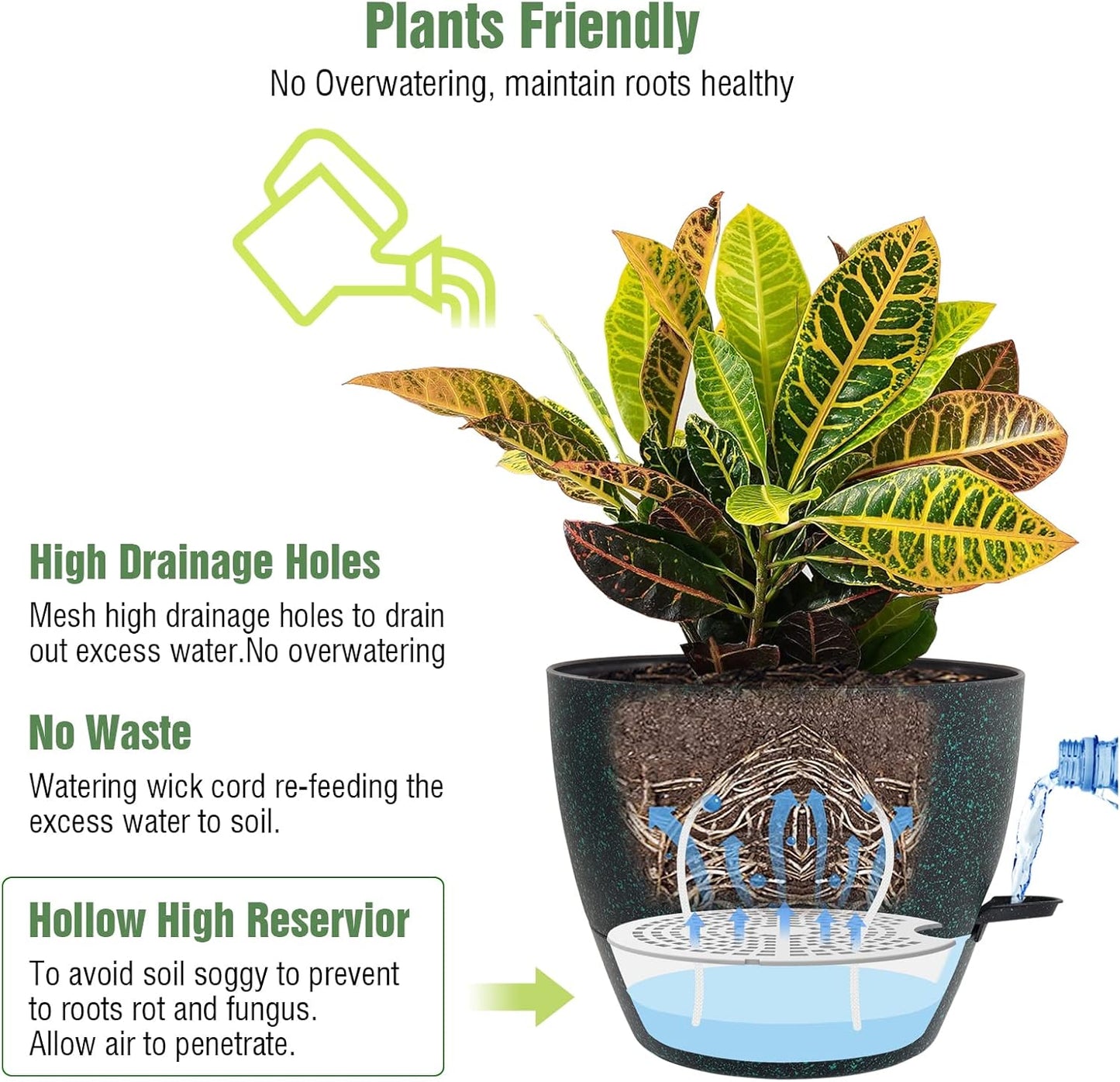 10/9/8 inch Self Watering Pots, Set of 3 Plastic Planters with Mesh Drainage Holes and Deep Reservoir for Indoor Outdoor Garden Plants and Flowers, Black with Green Speckles