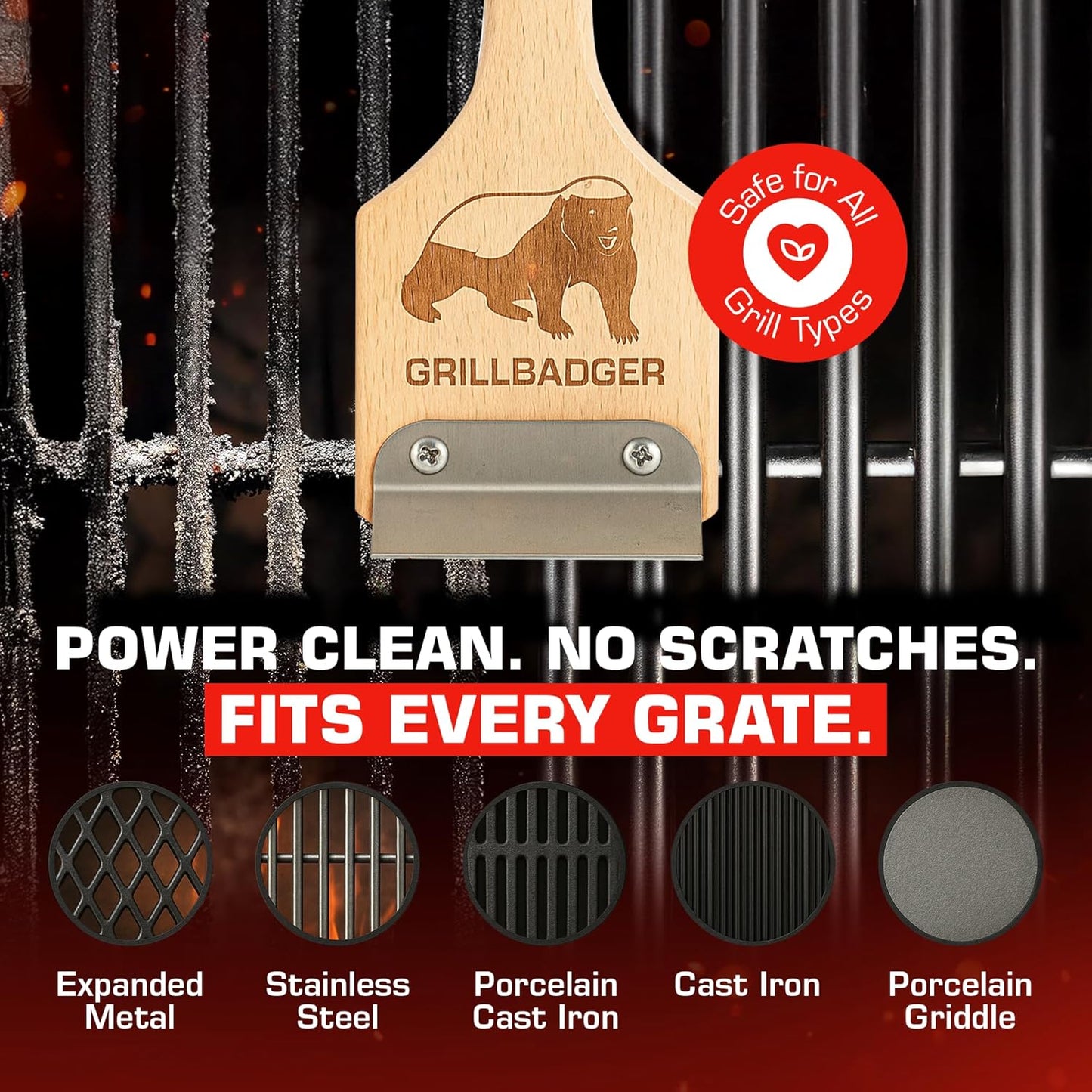 Natural Grill Brush Non Metal Bristles - Durable Non Metal Grill Brush Outdoor Grills Wooden Handle BBQ Cleaning Non-Wire High Temp Cleaner for Cast Iron Grates Safer Scrubber Tools by GRILLBADGER