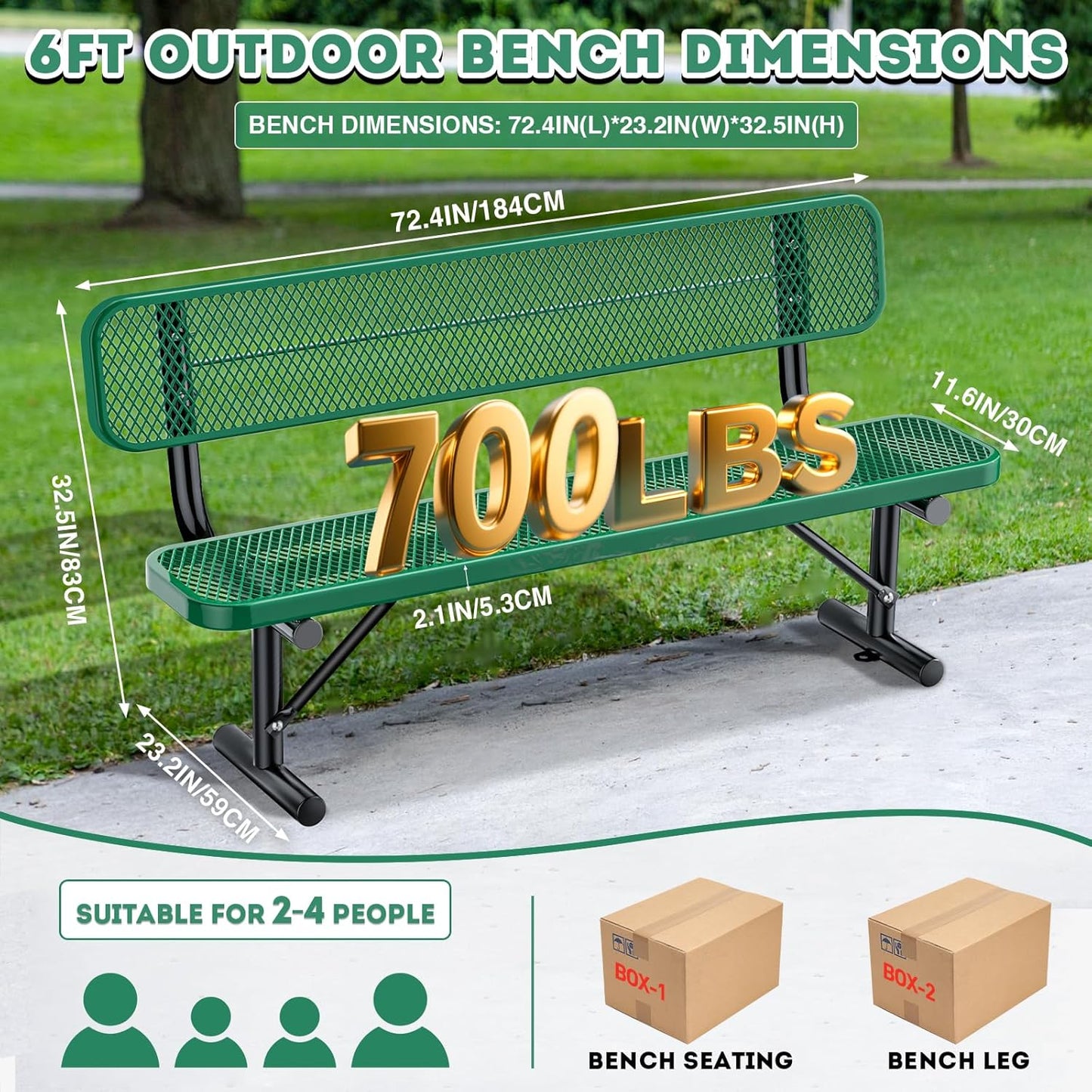 6Ft Heavy Duty Park Bench with Back Portable Frame, Outdoor Steel Bench with Backrest, Expanded Metal Mesh Bench for Lawn, Park, Deck, Garden, Patio, Porch, Green
