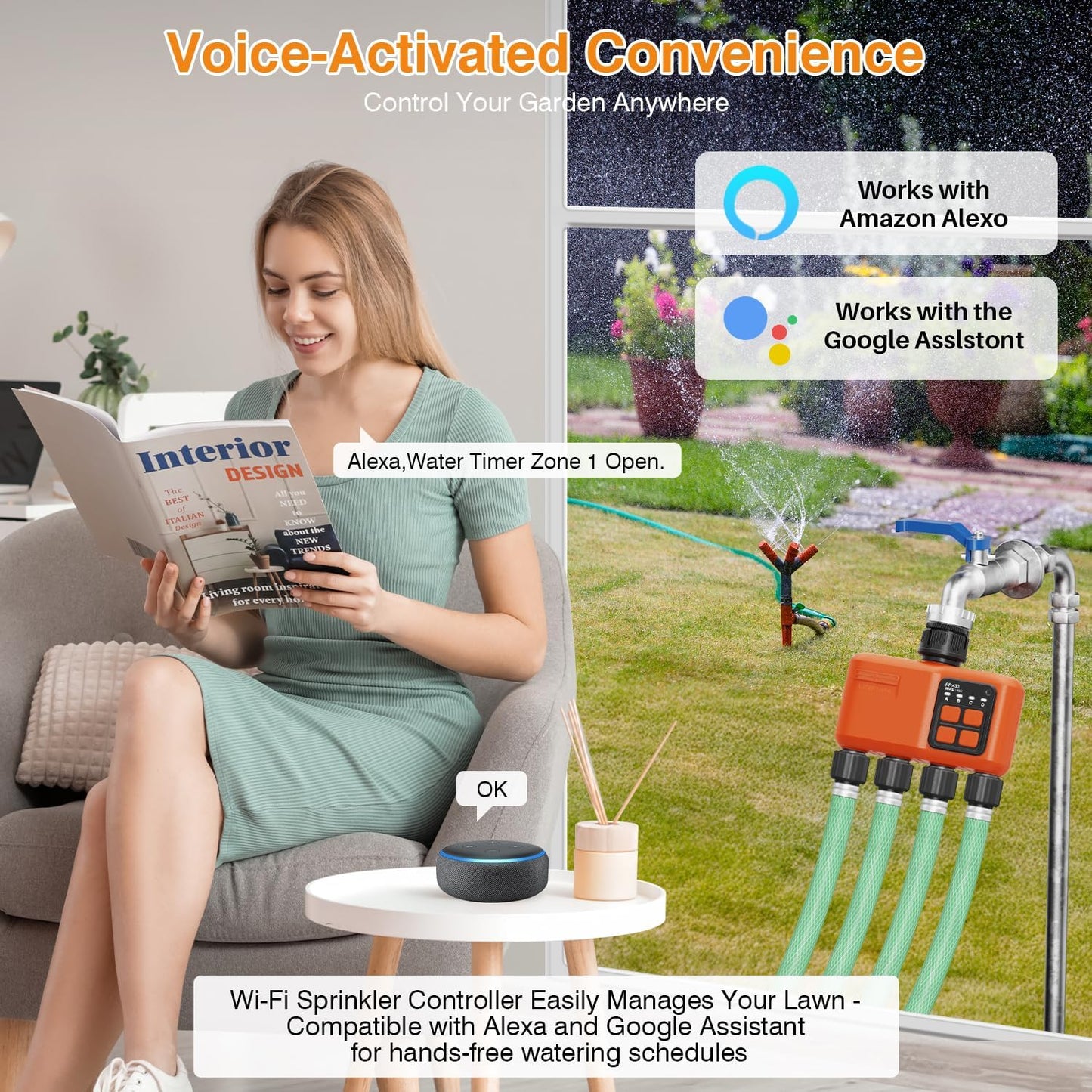 Smart WiFi Sprinkler Timer 4 Zone,WiFi Water Timer for Garden Hose with 984 FT Range,APP & Remote Control,Alexa & Google Voice Compatible,Rain Delay, Manual Mode Sprinkler System