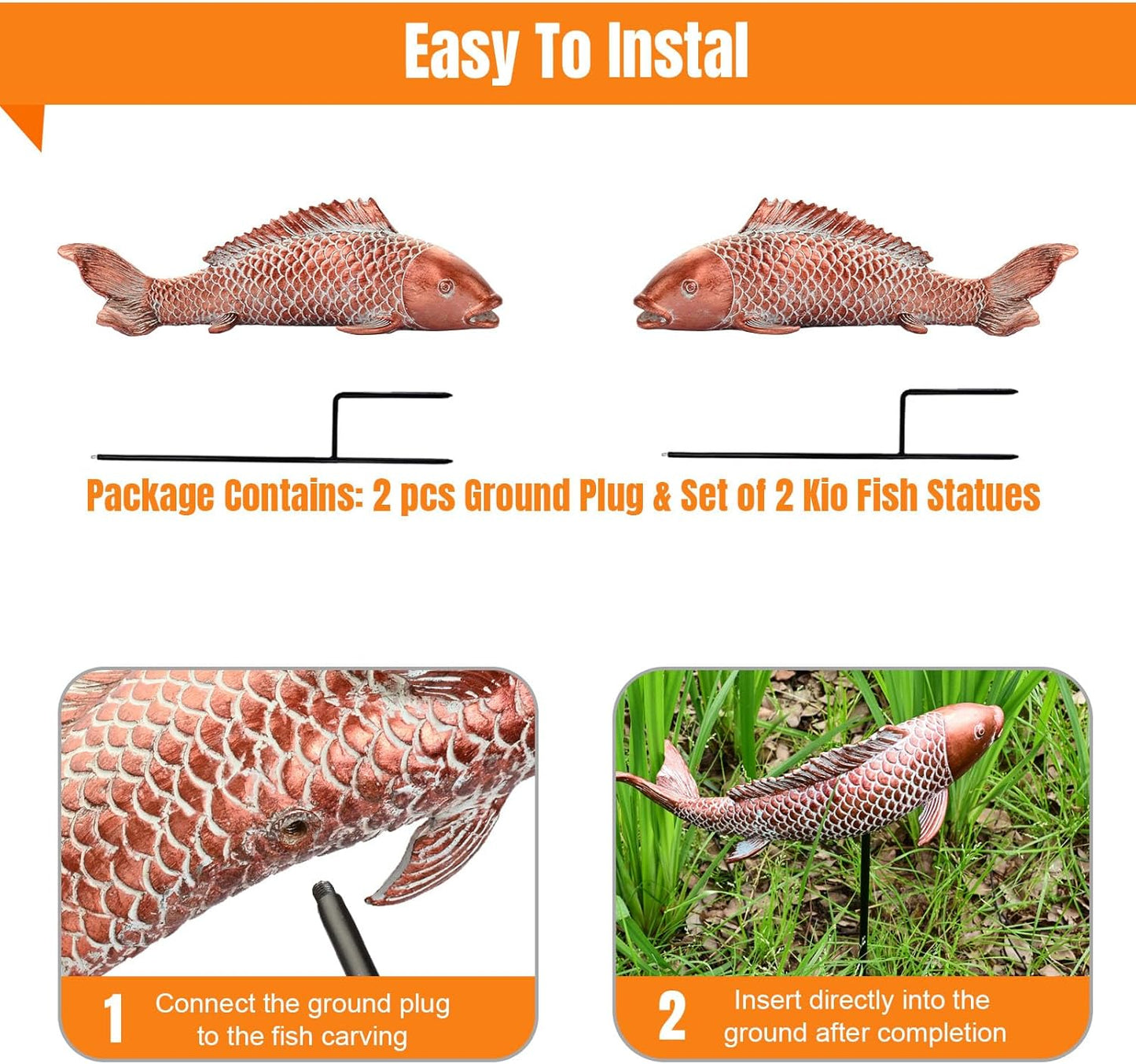 Garden Statues Koi Fish Decor, Garden Fish Pond Statues, Set of 2 Antique Copper Koi Art Sculptures for Outdoors Patio Backyard Lawn Yard Decoration, Japanese Garden Decor, Best Gifts