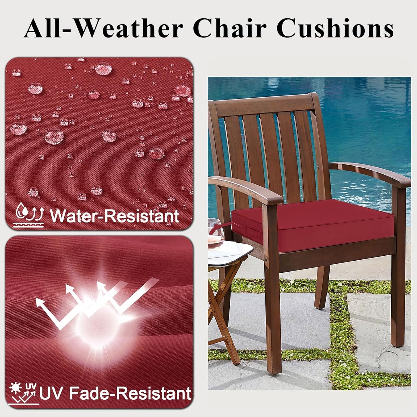 Outdoor Chair Cushions Set of 2 for Patio Furniture 24x24x4 Inch Waterproof Patio Chair Cushion 3 Year Color Fastness Square Elastic Foam Garden Couch Pads with Ties and Handle,Red
