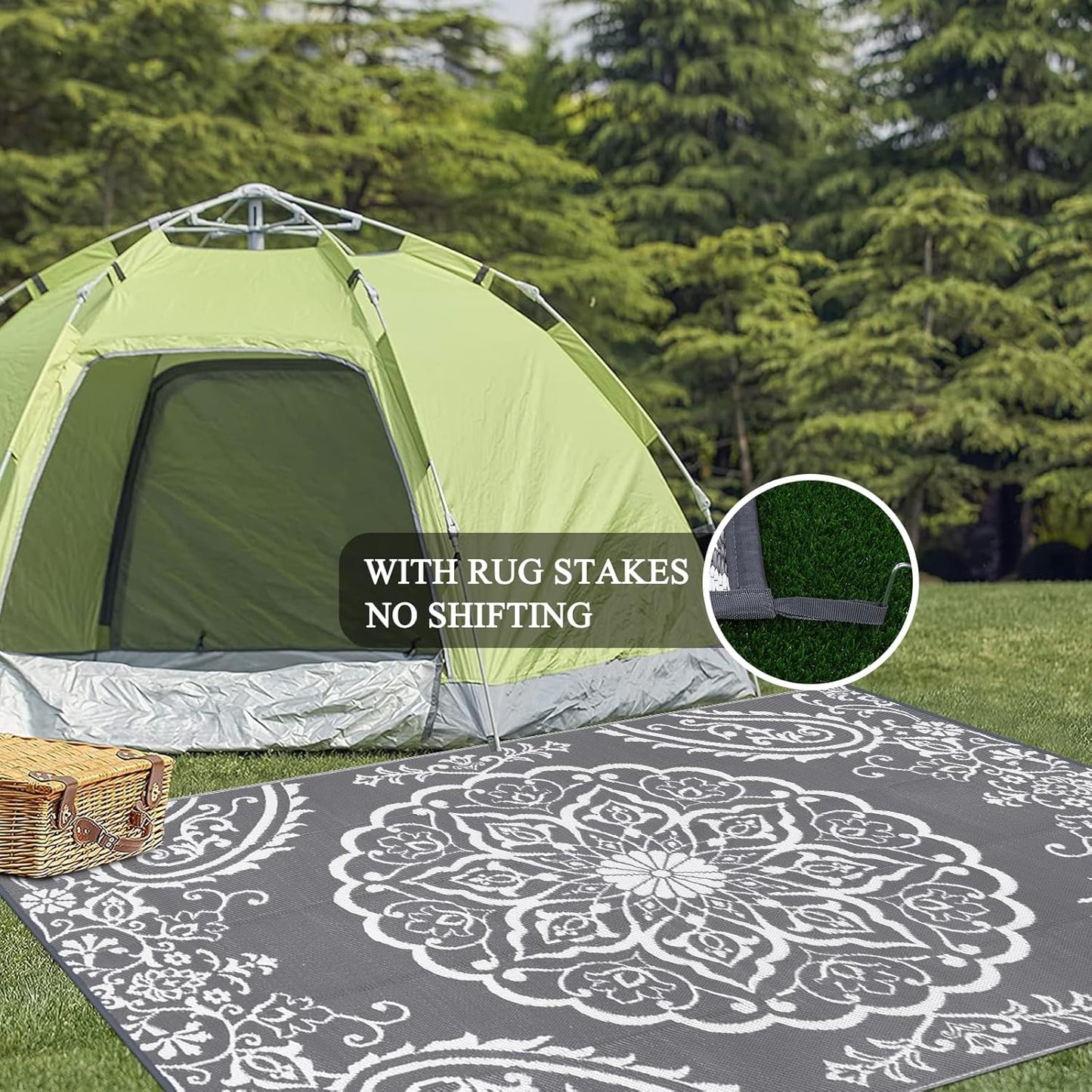 Pauwer Waterproof Outdoor Rug 9x12, Reversible Plastic Straw Patio Camping Rug, Indoor Outdoor RV Mat Carpet for Deck, Camper, Porch, Balcony, Backyard, Picnic, Boho Grey