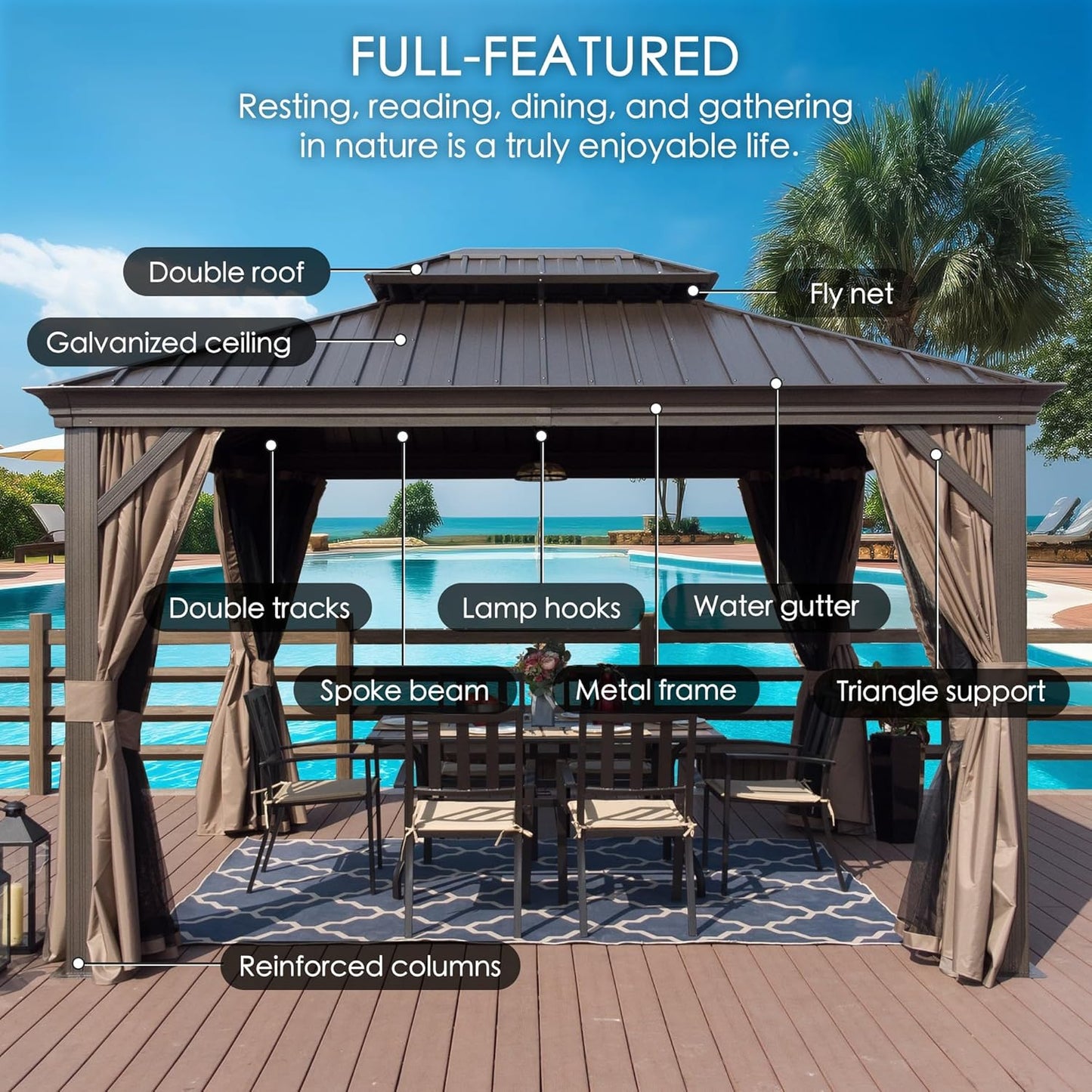 Kozyard Alexander 12' X 20' Permanent Aluminum Hardtop Gazebo with Galvanized Steel Double Roof Canopy, Curtain and Netting or Patio, Backyard, Deck, Lawn (Brown)