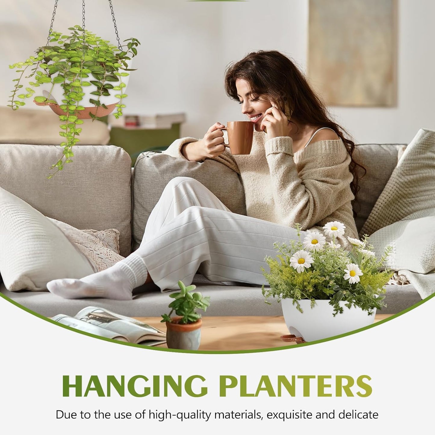 GARDIFE Hanging Planters for Indoor Outdoor Plants, 2 Pack Self Watering Hanging Pot with Drainage Holes & Removable Tray (White, 10 inch)