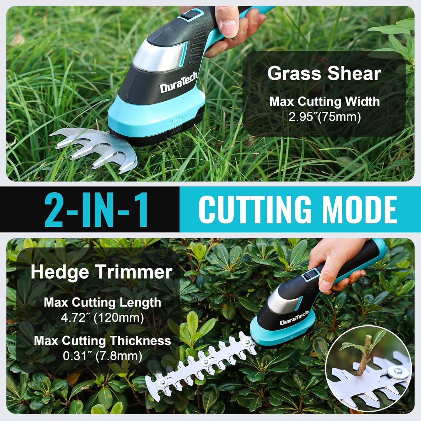 DURATECH Cordless Hedge Trimmer, 7.2V 2-in-1 Handheld Rechargeable Grass Trimmer & Hedge Shears with USB Type-C Cable, Built-in Li-ion Battery, Electric Shrub & Grass Shears for Garden, Yard and Lawn