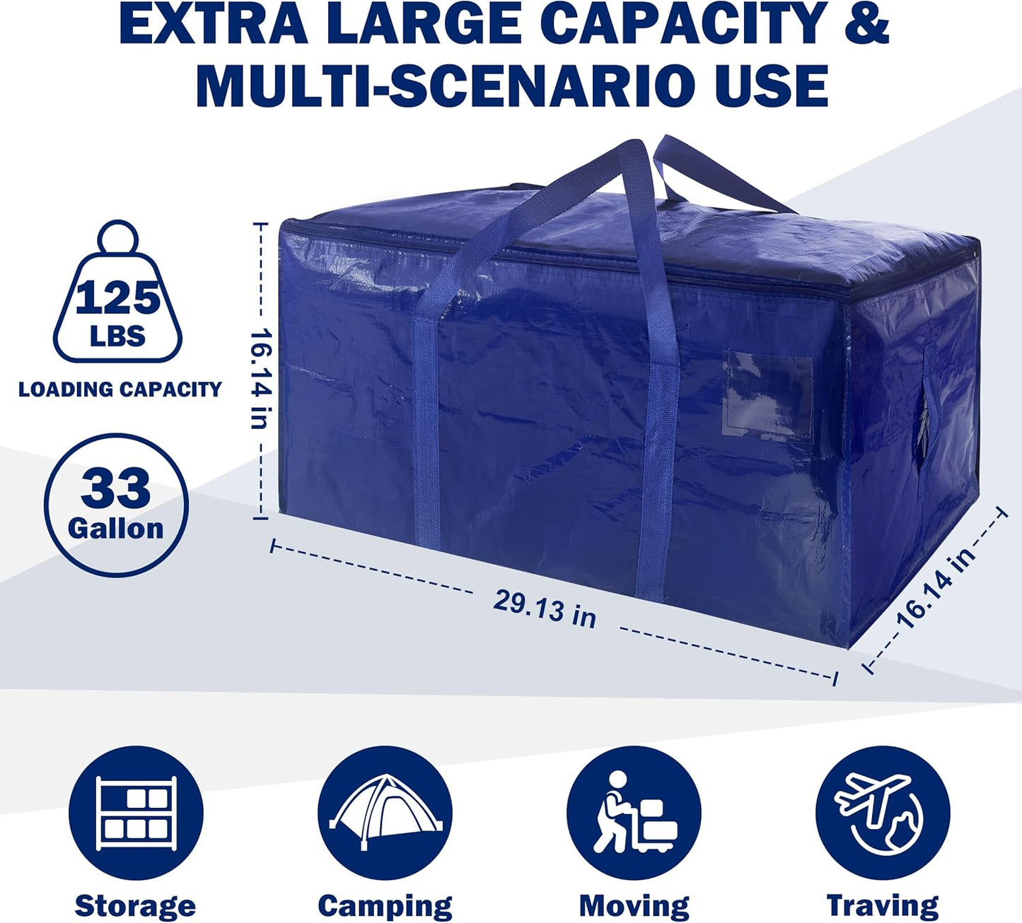 12 Pack Extra Heavy Duty Large Moving Bags with Strong Zipper & Carrying Handles, Sturdy Clothes Storage Bag Totes Bins, Packing Bags Moving Boxes College Moving Supplies, Dark Blue - 33 gal
