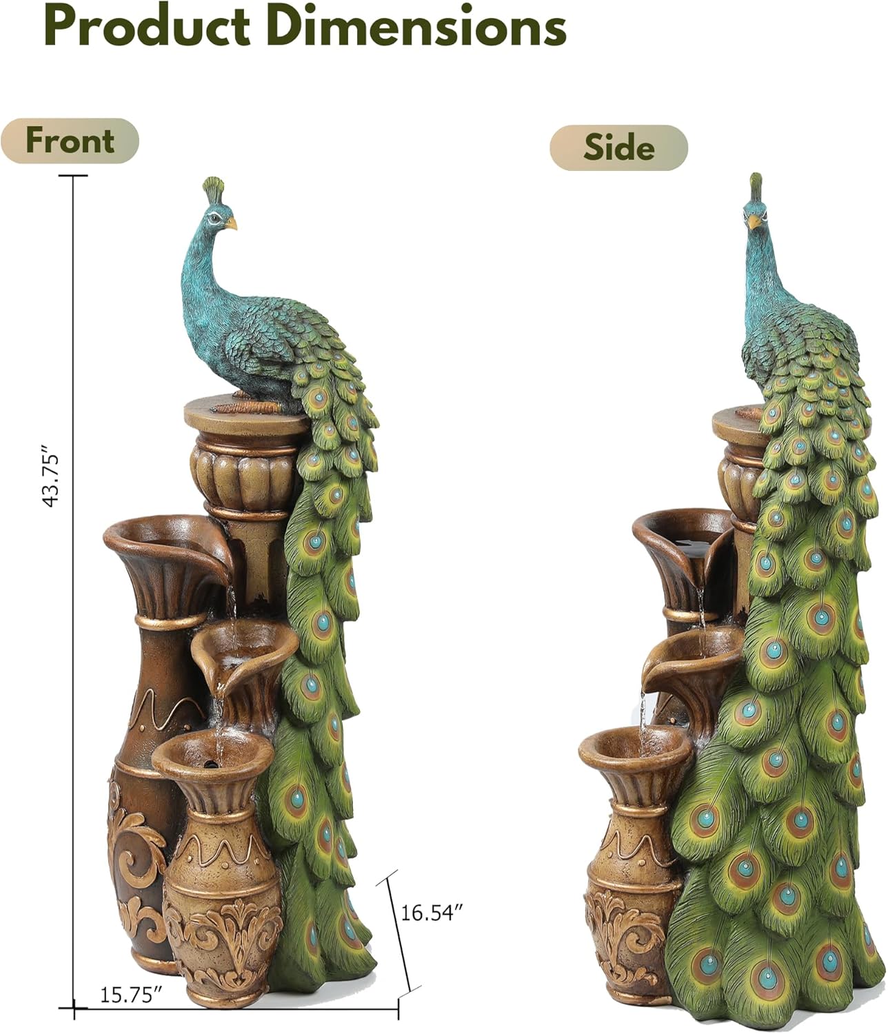 LuxenHome Outdoor Water Fountain, 44 Inch Resin Peacock Water Fountain Outdoor with Urns and LED Light, Tall Fountains Outdoor for Garden, Waterfall for Patio, Brown/Teal