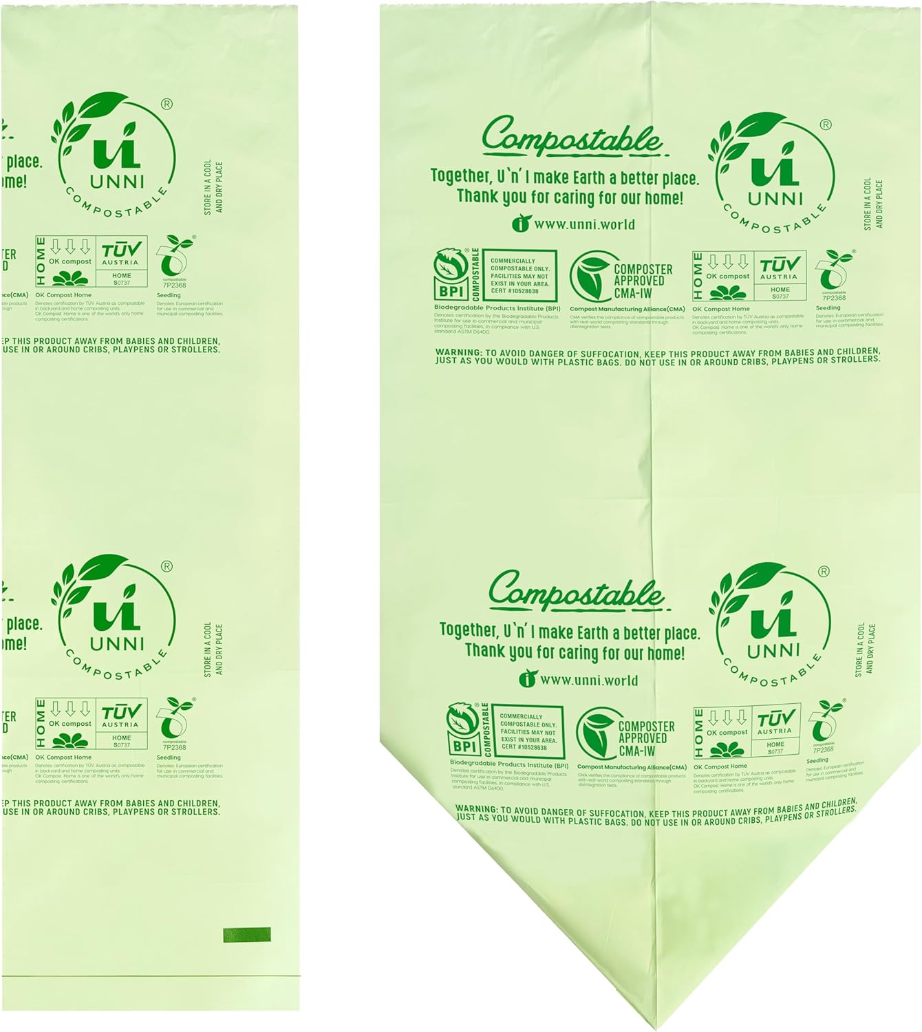 UNNI Compostable Trash Bags, 2.6 Gallon / 9.84 Liter, 200 Count, Extra Thick 0.71 Mil Small Kitchen Food Scrap Bin Liners, Certified by BPI, CMA & OK compost HOME, Meets the ASTM D6400 Standard
