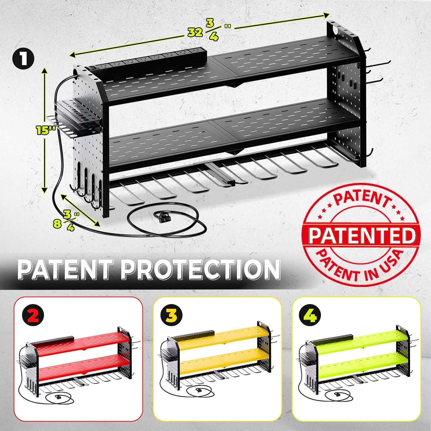 KAFAHOM Power Tool Organizer with Charging Station, Built in 8 Outlet Power Strip,Large 8 Drill Holder Wall Mount, Heavy Duty Metal Power Tool Storage Rack Tool Shelf for Garage Organization Black