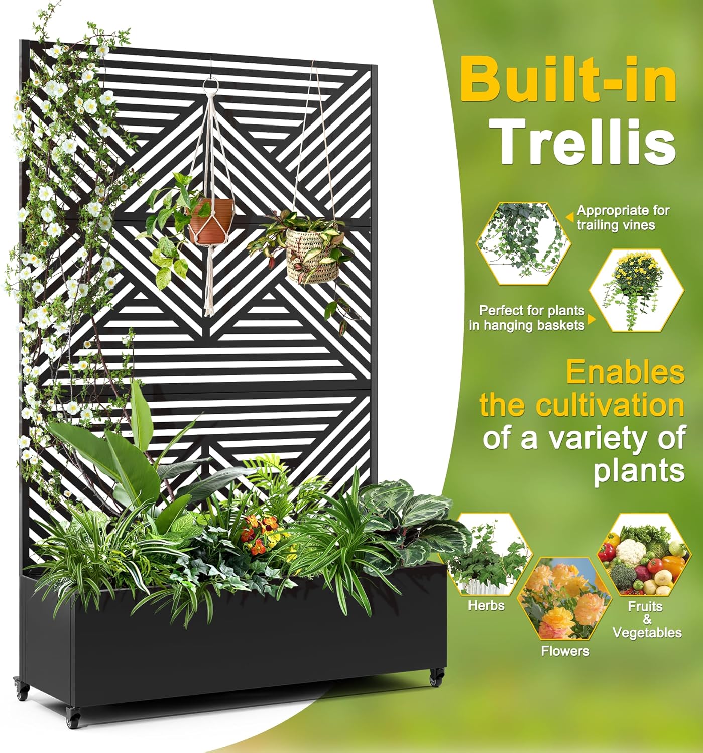 FENCY Metal Raised Garden Bed with Wheels and Trellis,73"x47"x16" Planter Box for Climbing Plants, Vegetables & Vines, Features Privacy Screen and Drainage Holes (Black-Modern)