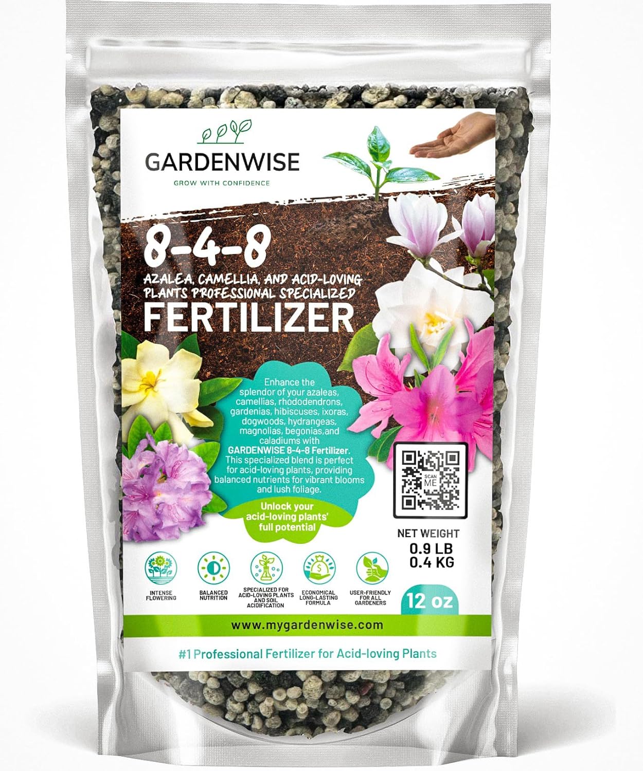 8-4-8 Acidic Fertilizer for Azaleas, Camellias (Camelia), Hydrangeas, Blueberries, Gardenias, Magnolia Trees, Evergreens, and Rhododendrons - Ideal Iron-Rich Plant Food (12 OZ)