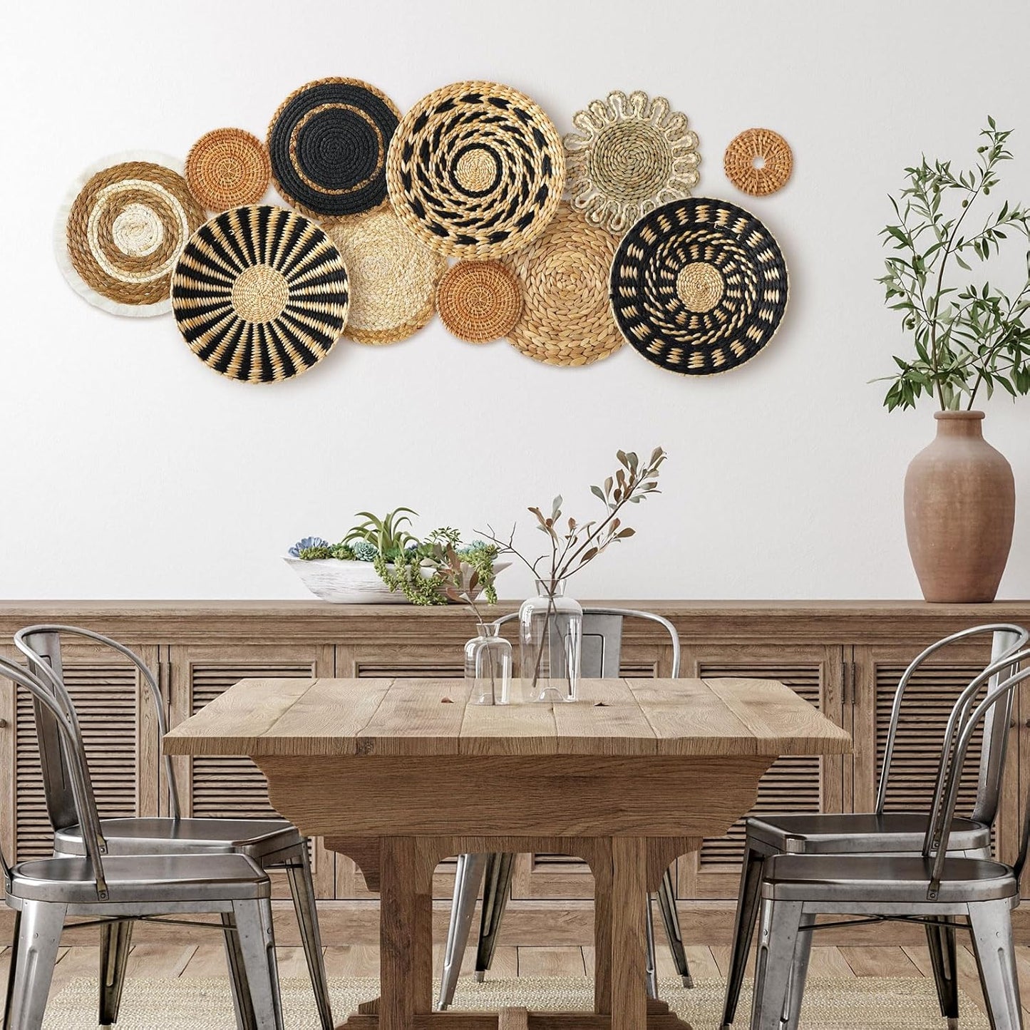 11 Pcs Boho Hanging Wall Basket Decor Handmade Woven Basket Wall Decorative Boho Wicker Baskets Placemats Round Farmhouse Bulrush Art for Rustic Home Decorations Christmas Gift(Assorted)