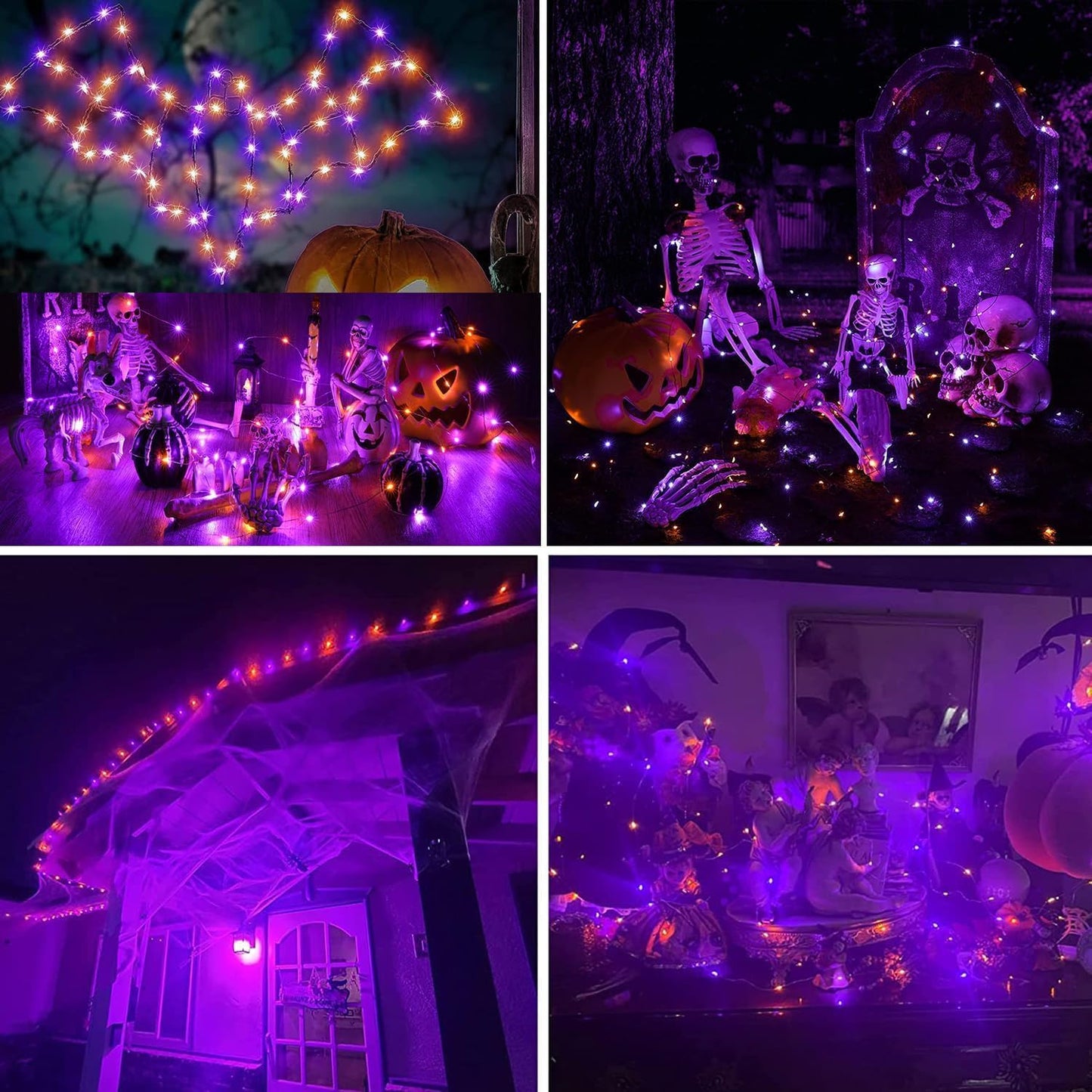 Joomer Orange Purple Halloween Solar String Lights - 2 Pack Total 80FT 240LED Solar Fairy Lights, Waterproof Outdoor Twinkle Lights with 8 Modes for Garden, Porch, Trees, Halloween Decor (Black Wire)