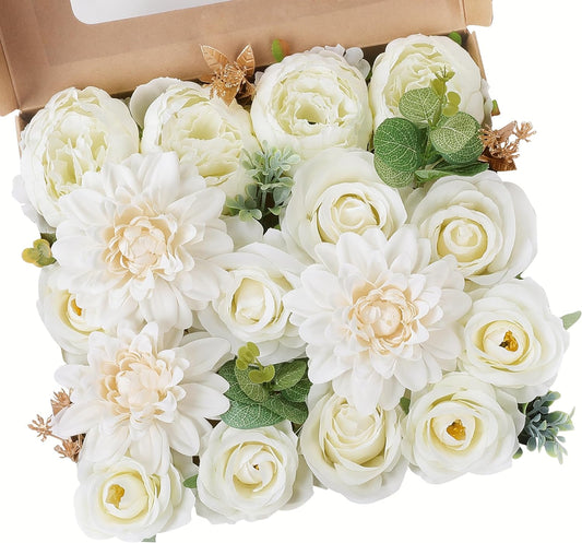 AGIRL Artificial Flowers Combo Fake Flowers Rose Silk Flowers with Stems for DIY Wedding Bouquets Centerpieces Arrangements Table Decor Bridal Baby Shower Party Home Decor (Cream White)