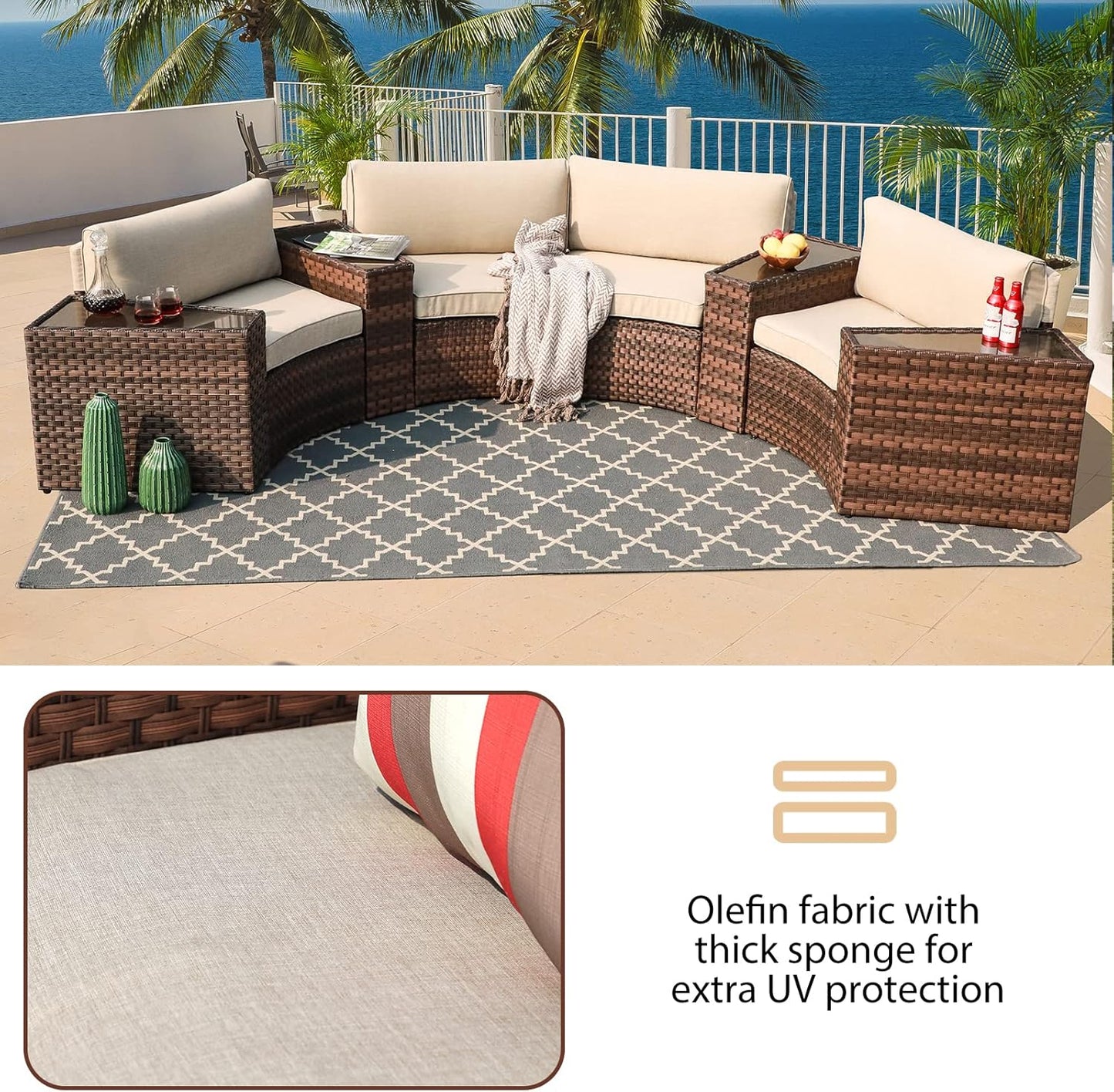 SUNSITT Outdoor Patio Furniture 8-Piece Half-Moon Curved Sofa Set Brown PE Wicker Sectional Conversation Set with Cushions(Beige)