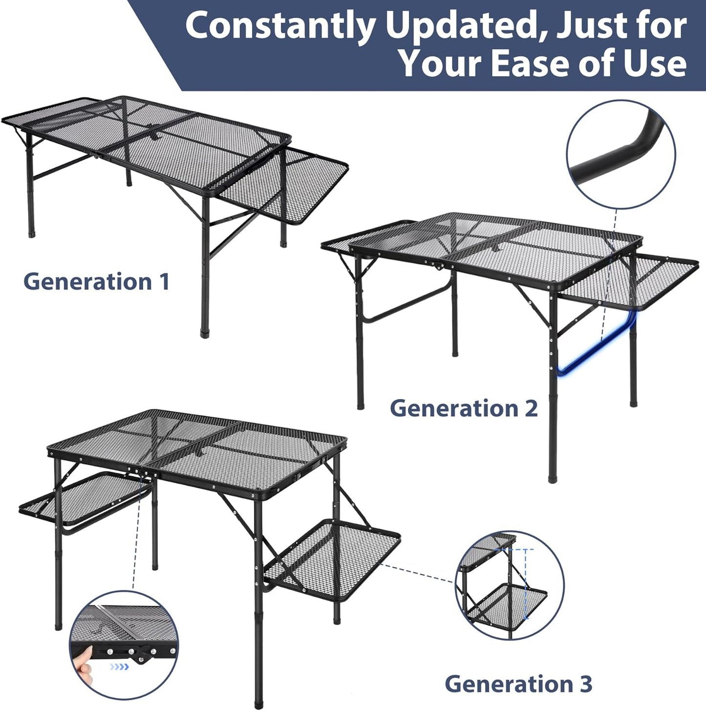 REDCAMP 36x24 Folding Grill Table for Outside with 2 Side Tables, Lightweight Portable Metal Aluminum Outdoor Grill Table with Adjustable Height Legs, Great for Camping Picnic Cooking BBQ, Black 3ft