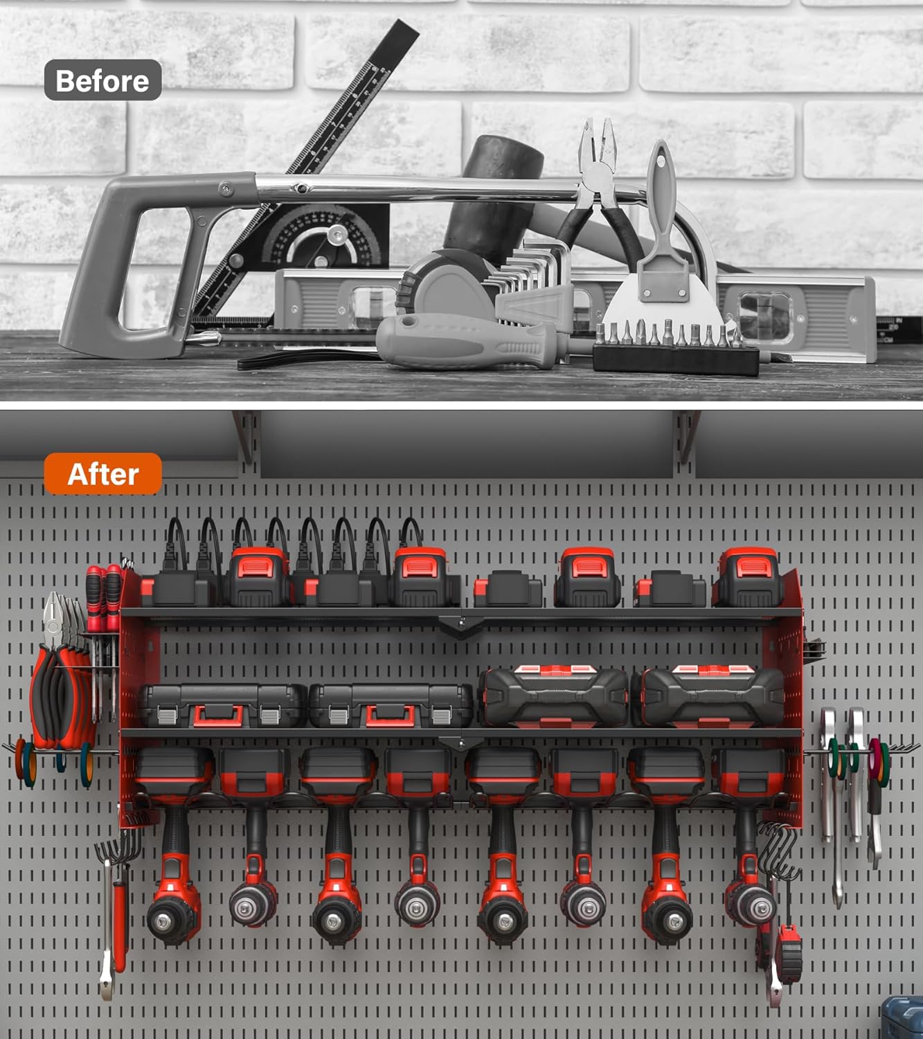 JUNNUJ Large Pegboard Power Tool Organizer with Charging Station, 8 Drills Driver and Tools Battery Holder Wall Mount with 8 Outlet Power Strip, Red 3-Layer Shop Garage Storage Utility Rack