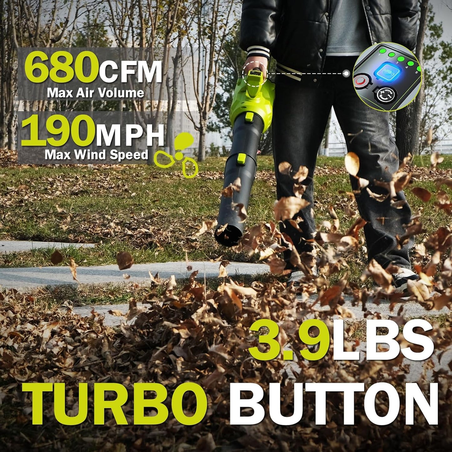 Leaf Blower Cordless,2 x 21V 6.0Ah Battery and Charger, with 680CFM 190MPH Electric Cordless Leaf Blower, 3-Variable Speed & Turbo Mode, Blowers for Lawn Care (5002 D) (Green)