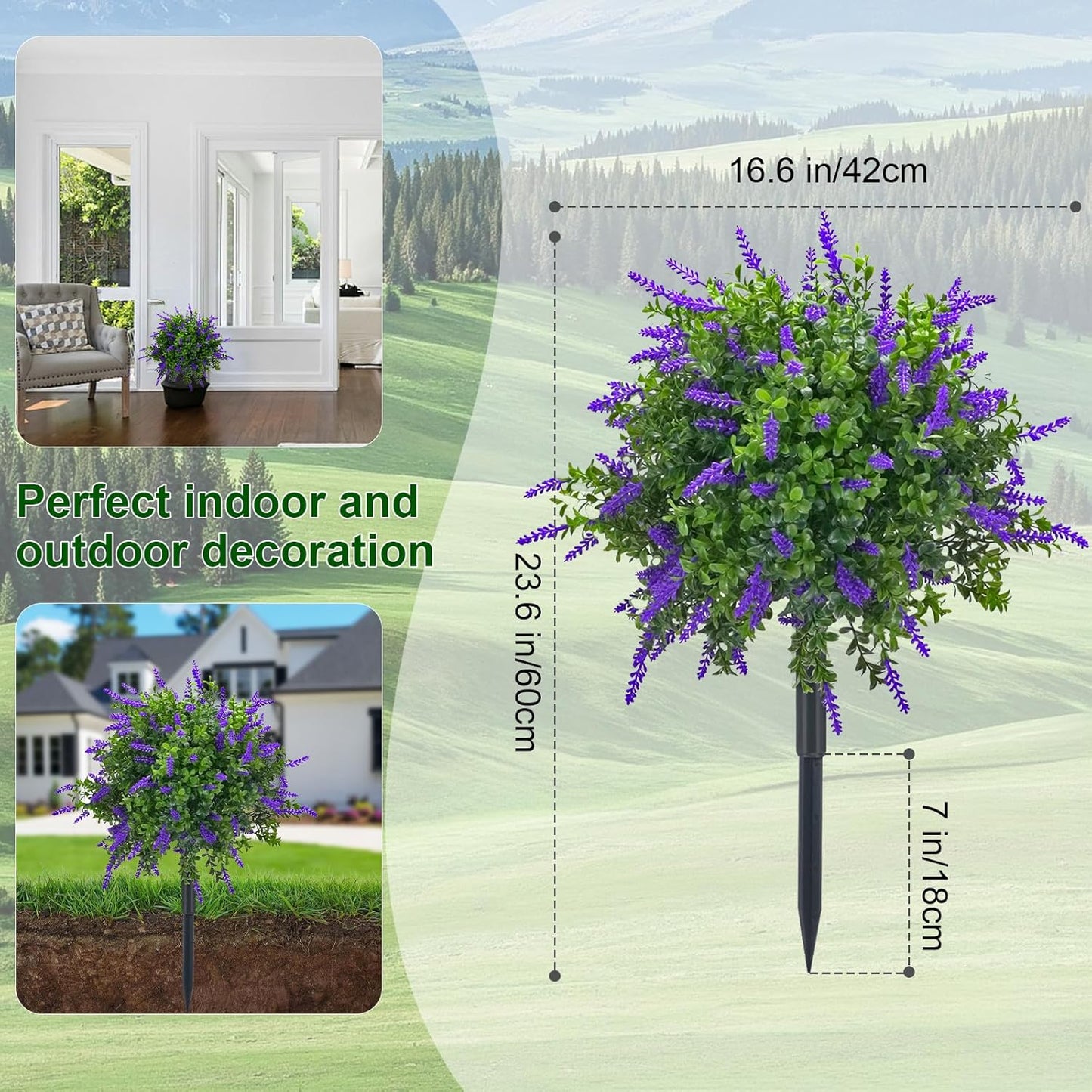 23.6" Artificial Lavender Topiary Ball Trees with Ground Spike, 2 Pack Faux Potted Plants with UV Resistant Purple Flowers for Indoor Outdoor Home Garden Patio Porch Decoration