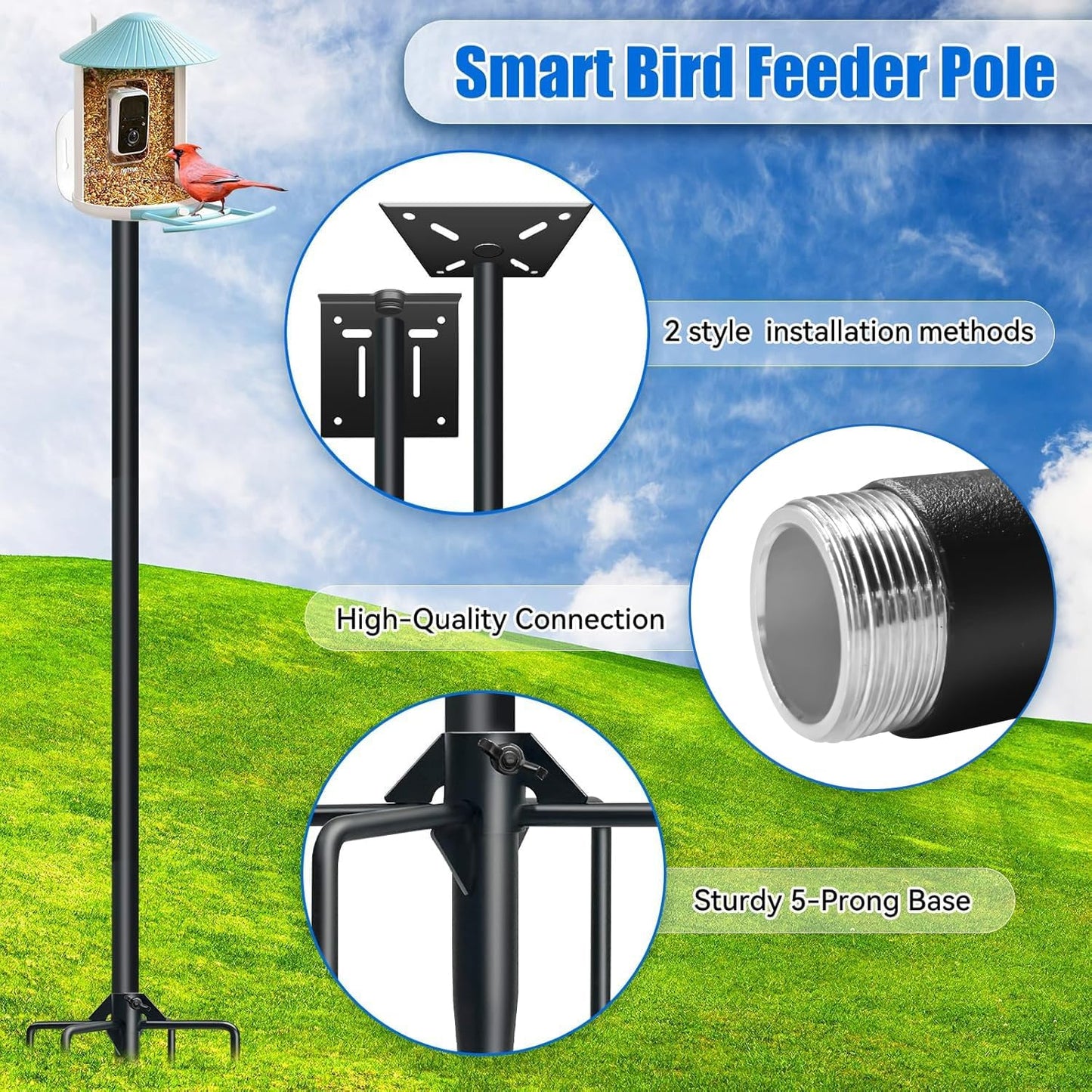 QwayHome【New Upgrade】 80In Smart Bird House Poles, 1Inch Dia Poles, Outdoor Bird Feeder Pole Mount Kit for Smart Bird Feeder & Wooden Birdhouse & Weather Station, Heavy Duty, Adjustable, 5-Prong Base