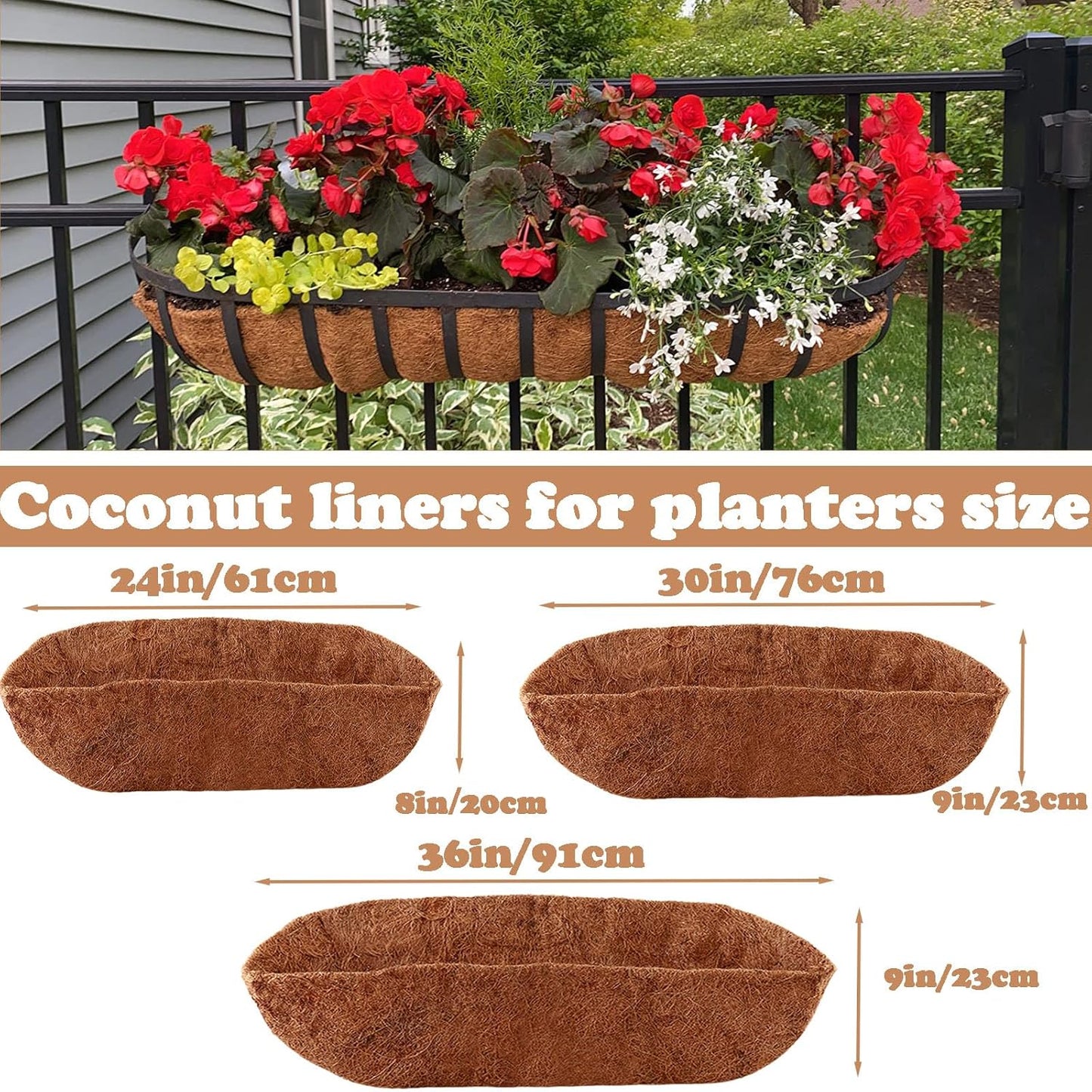 3 Pack Trough Coco Liner 36 Inch Hanging Basket Liners 100% Natural Coconut Husk Liners for Planters Window Box Planter Inserts for Large Pots Trough Planters Outdoor Garden Decoration