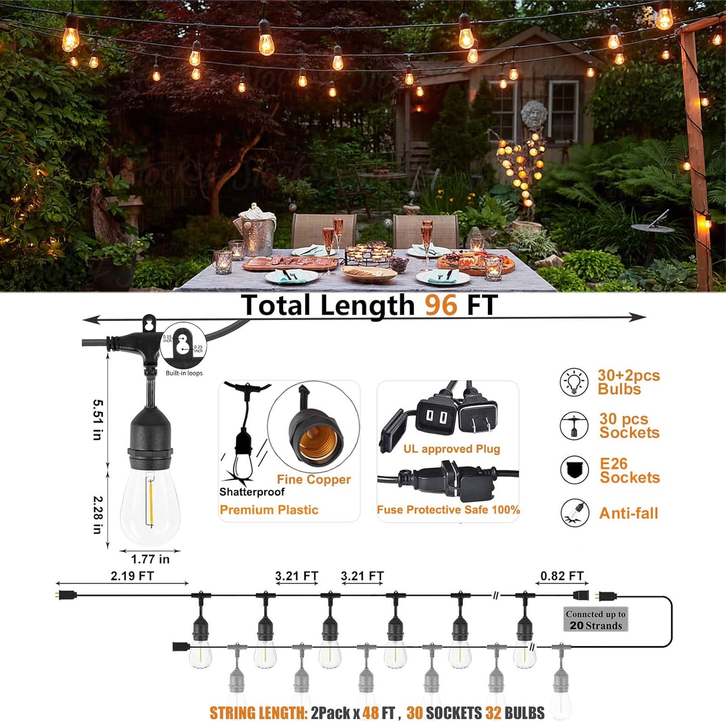 Achin Outdoor String Lights 96FT(48FT*2) Waterproof IP65 LED Patio Lights with 30+2 S14 Edison Bulbs Warm 2200K Hanging Lights Outside Shatterproof String Lights for Outside Bistro, Market, Yard