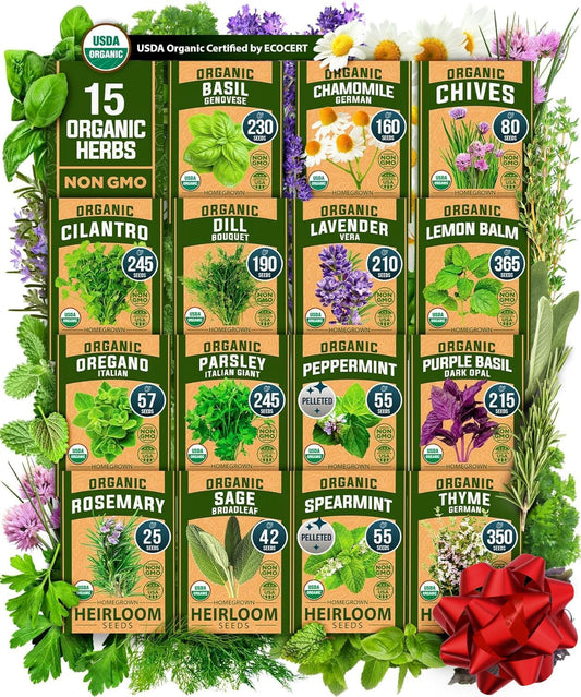 HOME GROWN 𝗢𝗥𝗚𝗔𝗡𝗜𝗖 15 Herb Seeds Variety Pack 2,500+ 𝗡𝗢𝗡-𝗚𝗠𝗢 𝗨𝗦𝗔 High-Germinating Heirloom Seeds for Planting Indoor Outdoor Herb Garden Hydroponics Garden Seeds, Basil Cilantro & More