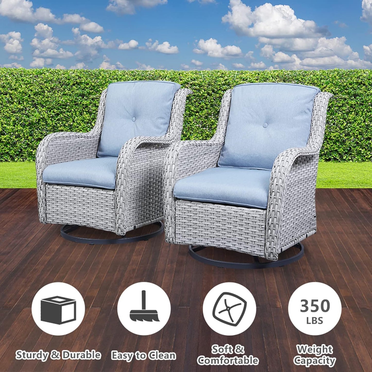 Wicker Outdoor Furniture Patio Furniture Set - 6 Piece Patio Conversation Set with Swivel Rocker Chairs, Loveseat Sofa, Ottomans and Coffee Table, Baby Blue Cushion
