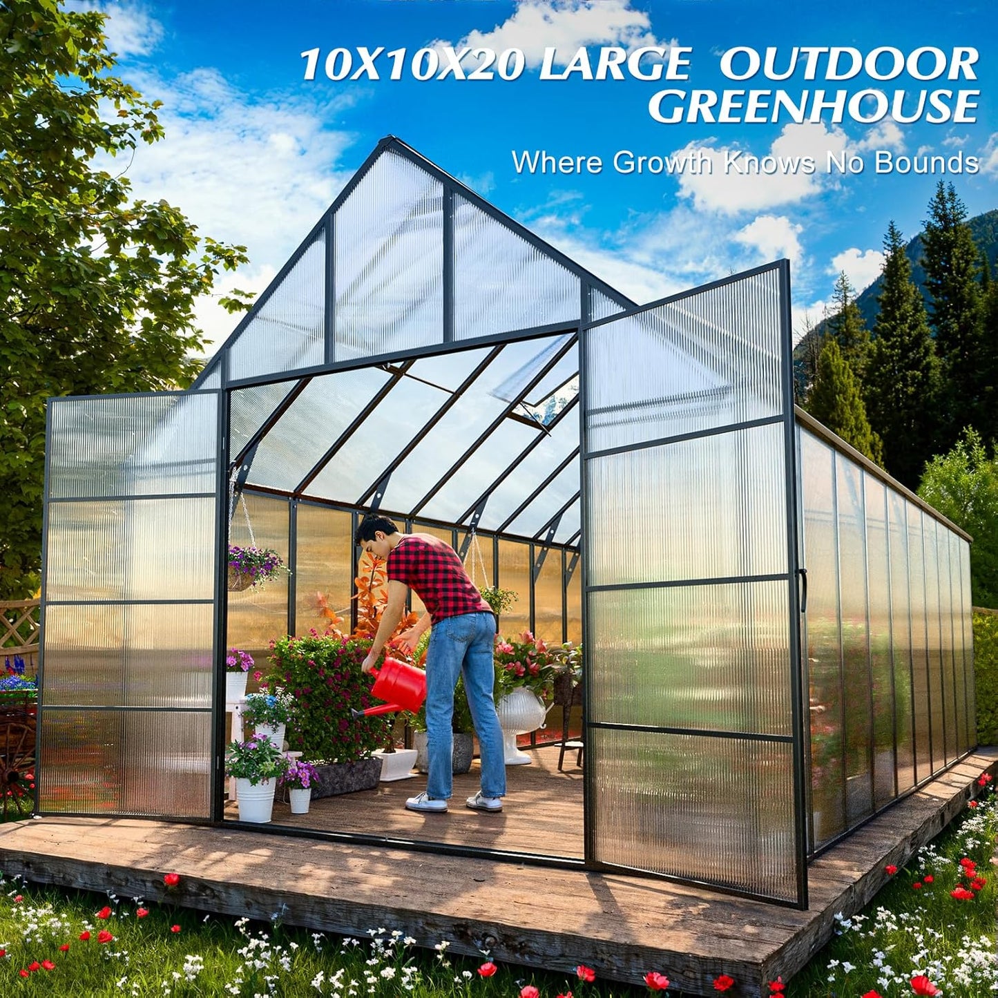 10'x10'x36' Snap-Together Greenhouse - Easy 3-Way Connectors, Heavy-Duty Aluminum Frame, Wind/Snow Resistant for Gardening/Urban Farming, Includes Sliding Door & Ventilation Windows