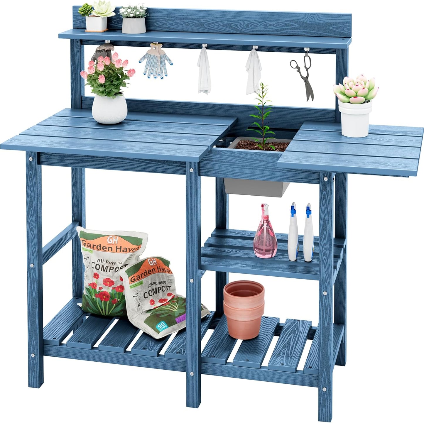 SERWALL Potting Table Outdoor Potting Bench with Sink, HDPE Potting Benches for Outside All Weather Use- Blue