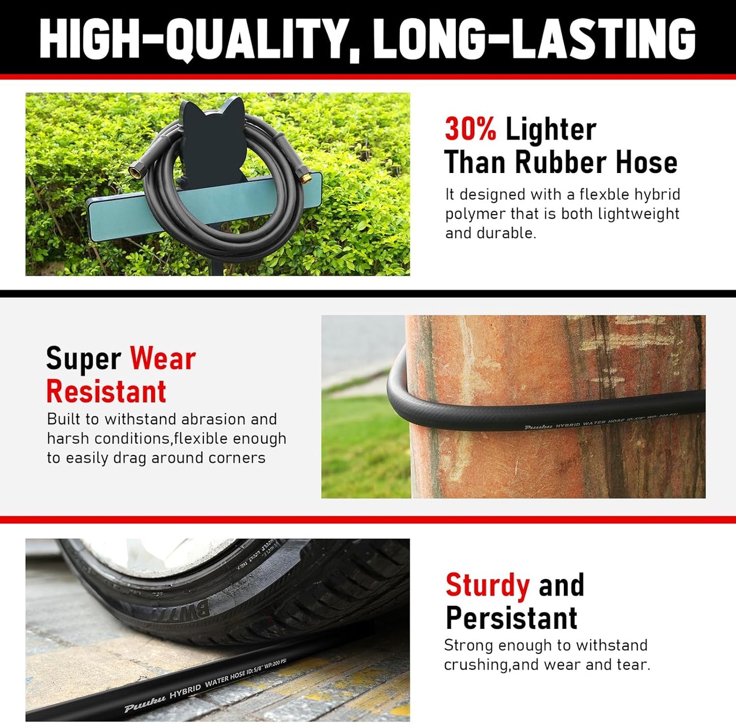 Garden Hose 100ft x 5/8", NON-EXPANDABLE Heavy Duty Premium Flexible Water Hose, No Kink, Leakproof, Lightweight Hybrid Hose with Male to Female Fittings for Household、Backyard