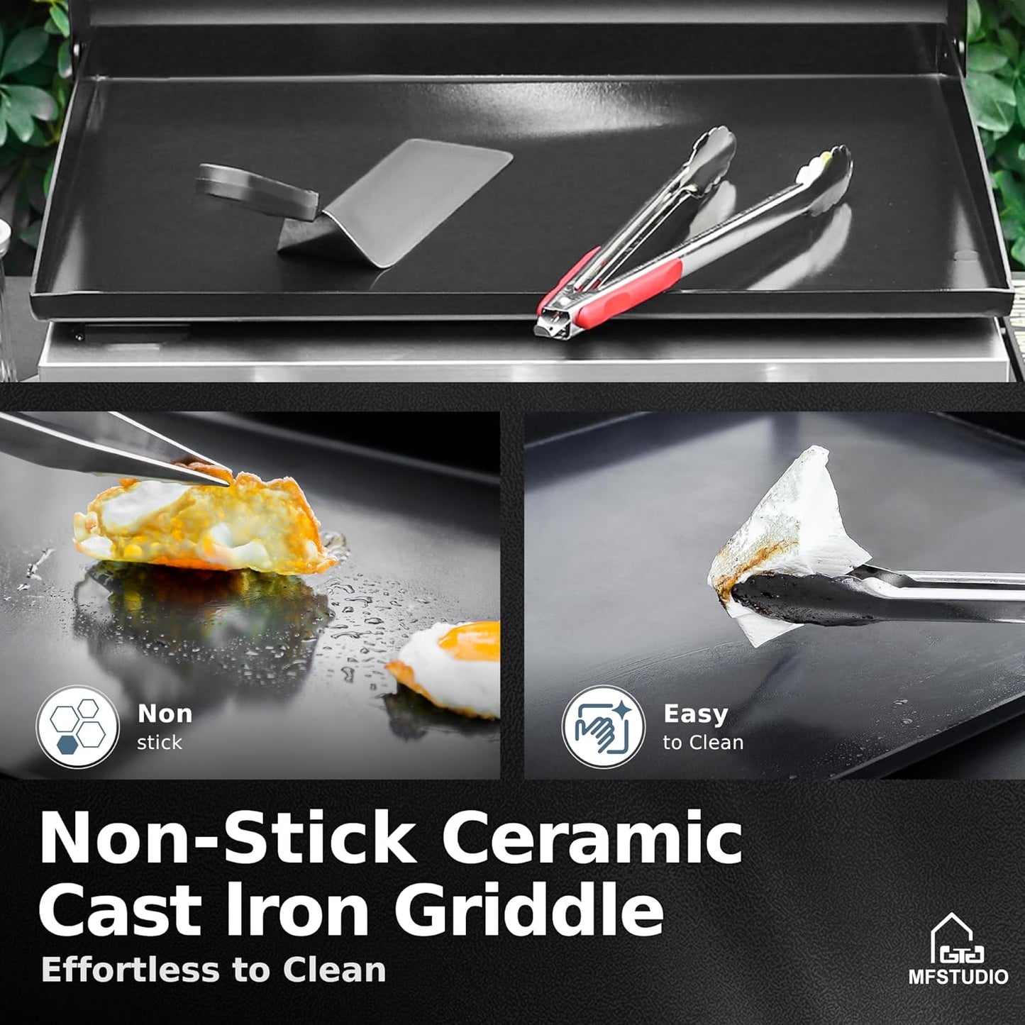 MFSTUDIO 22 Inch Flat Top Grill with Ceramic Coated Cast Iron Pan, 3 Burners Portable Tabletop Propane Gas Griddle Grill for Camping, Outdoor & Tailgating Barbecue, 24,000 BTU