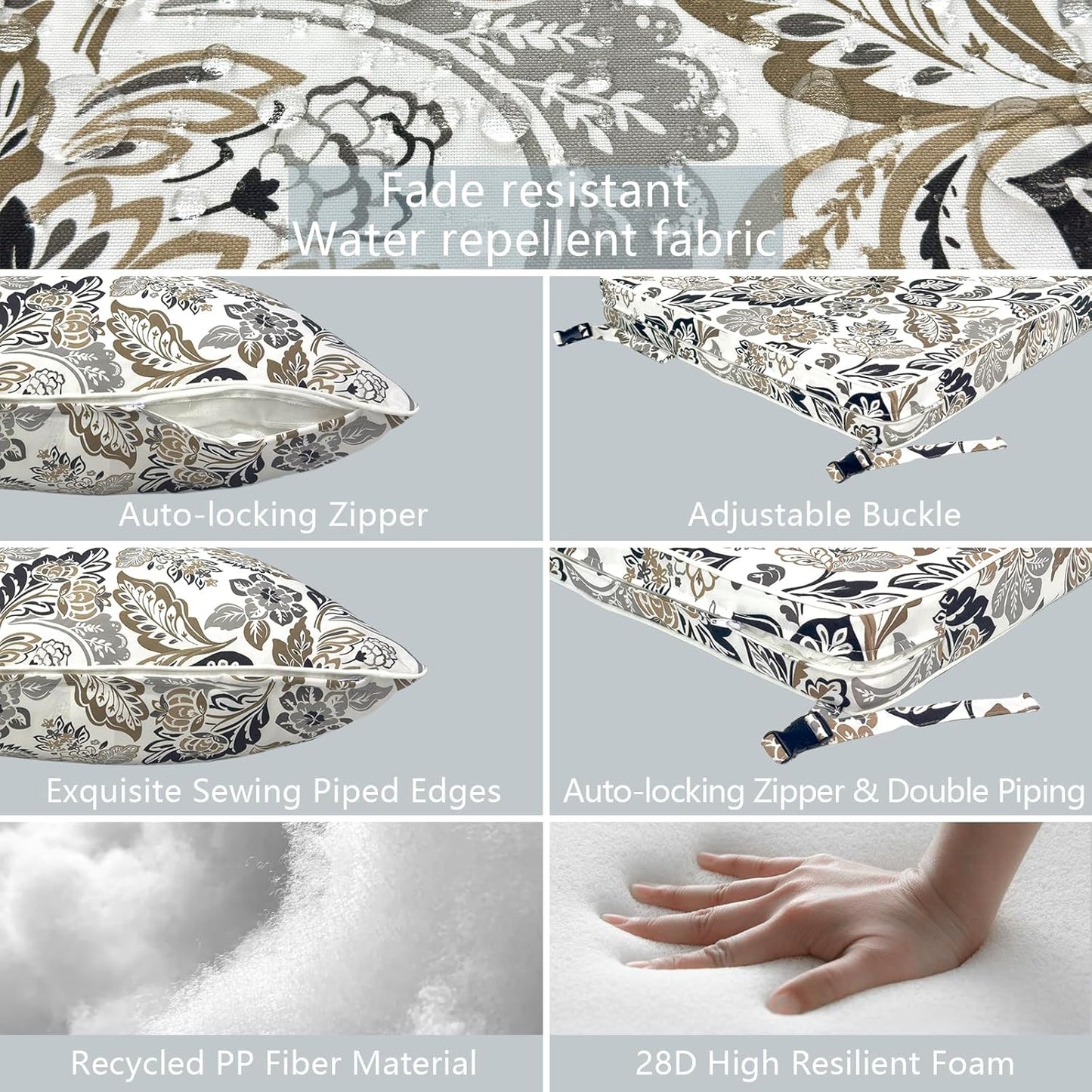 LVTXIII Outdoor Deep Seat Cushion Patio Seat and Back Cushion Set Seasonal Chair Cushion with Removable Cover and Adjustable Buckle for Home and Garden, 24"x24"x4", Dailey Tan