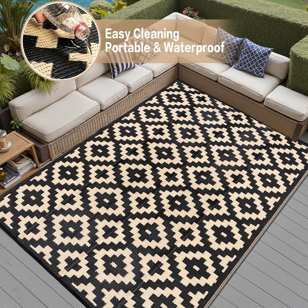 Outdoor Plastic Straw Rug, Waterproof Mat, Washable Large Floor Mat and Rug for Outdoors, RV, Beach, Patio, Camping, Backyard, Deck, Picnic, Indoor Outside (8x10ft,Geometry/Black&Beige)
