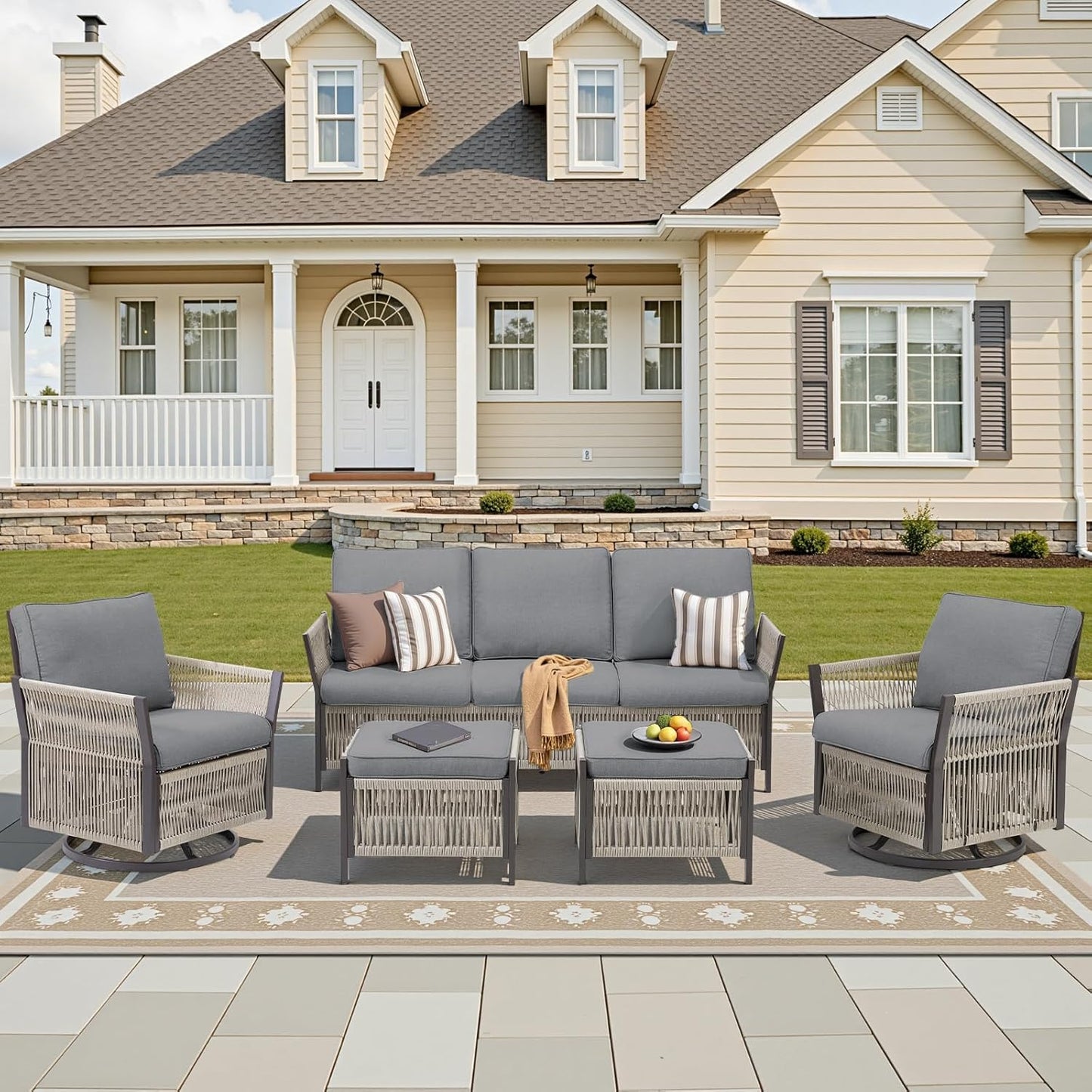 Patio Furniture Wicker Outdoor Conversation Set, 5-Piece All Weather Patio Furniture Rattan Rocking Sets w/Removable Cushions & Ottomans for Backyard, Balcony, Deck, Dark Grey