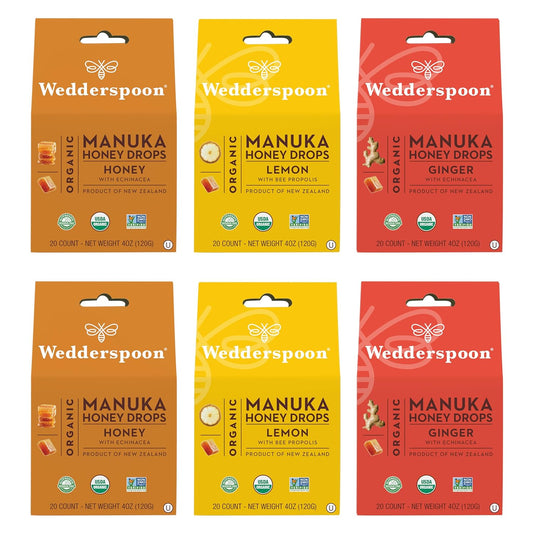 Wedderspoon Organic Manuka Honey Drops, Variety Pack, 4 Oz (Pack of 6) - Genuine New Zealand Honey - Perfect Remedy For Dry Throats