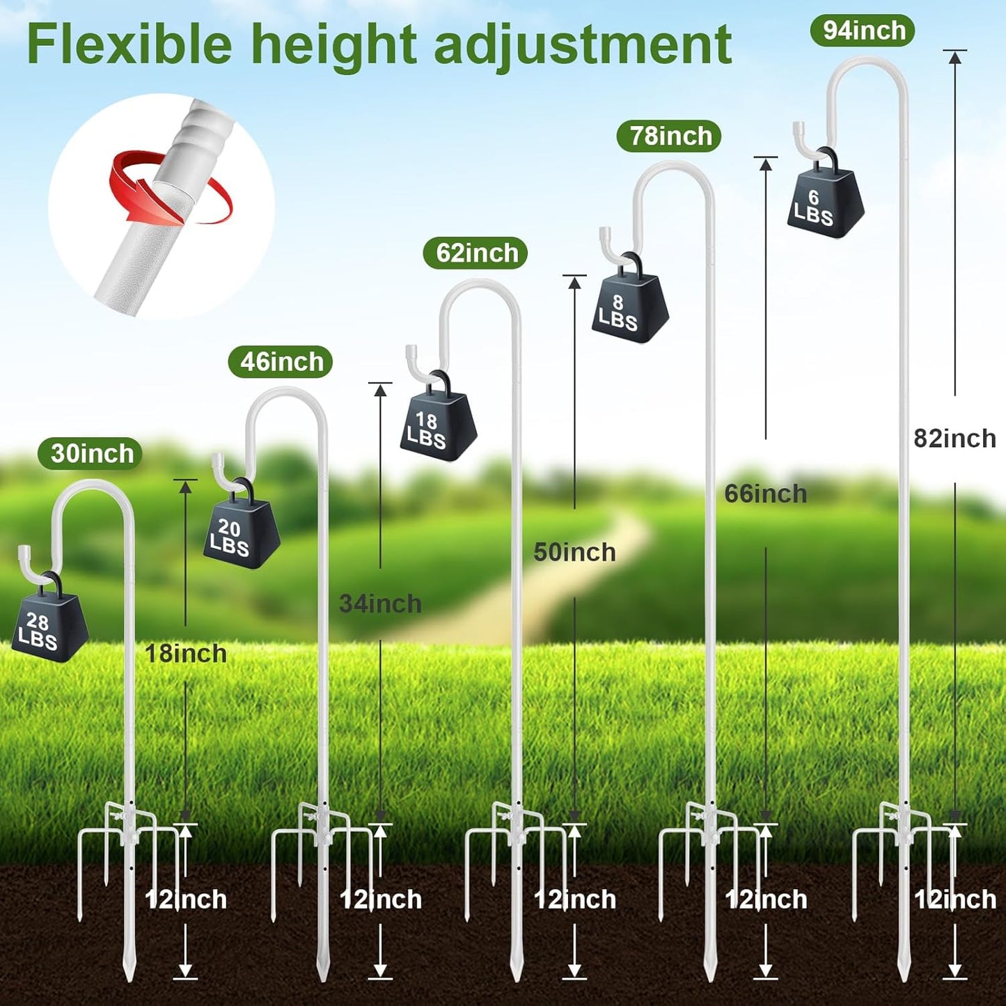Hummingbird Feeder Stand Pole -30 inch Shepherds Hooks for Outdoor Garden Decor, 5 Prong Bird Feeder Pole for Hanging Birdfeeders,Plant,String Light - Heavy Duty Wind Chime Stand,Shepards Hook-White